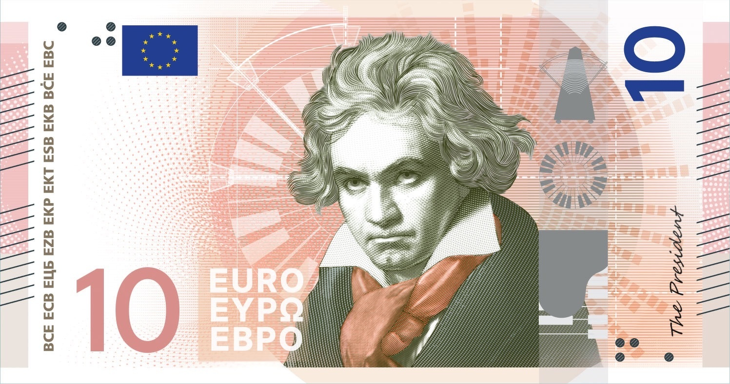 A 10 euro banknote featuring a portrait of Ludwig van Beethoven along with various security elements and the European Union flag.