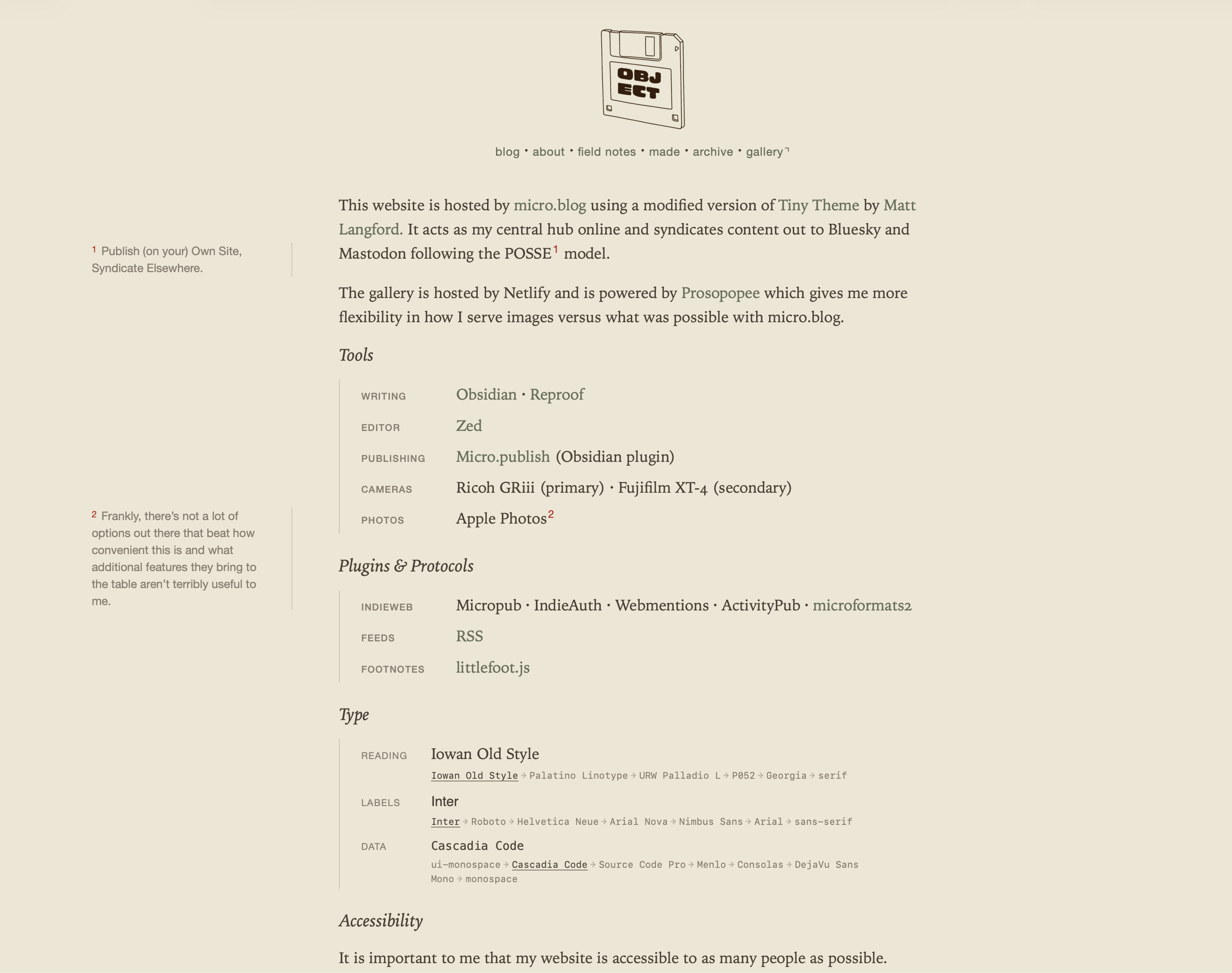 A screenshot of my blog's colophon page showing that footnotes render on the left side of the content, like marginalia.