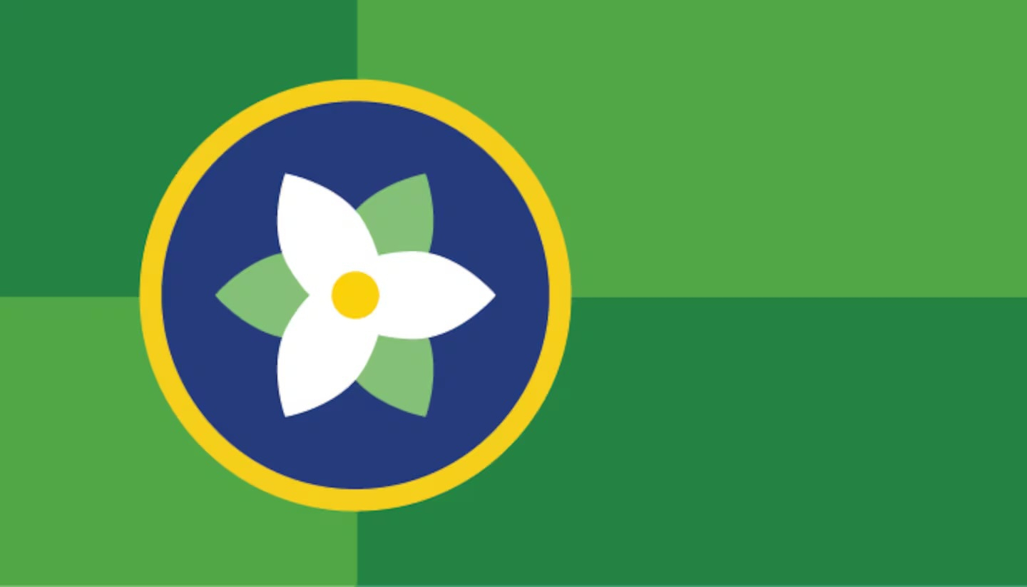 The flag of Hillsboro depicting a trillium on a blue circle and green field