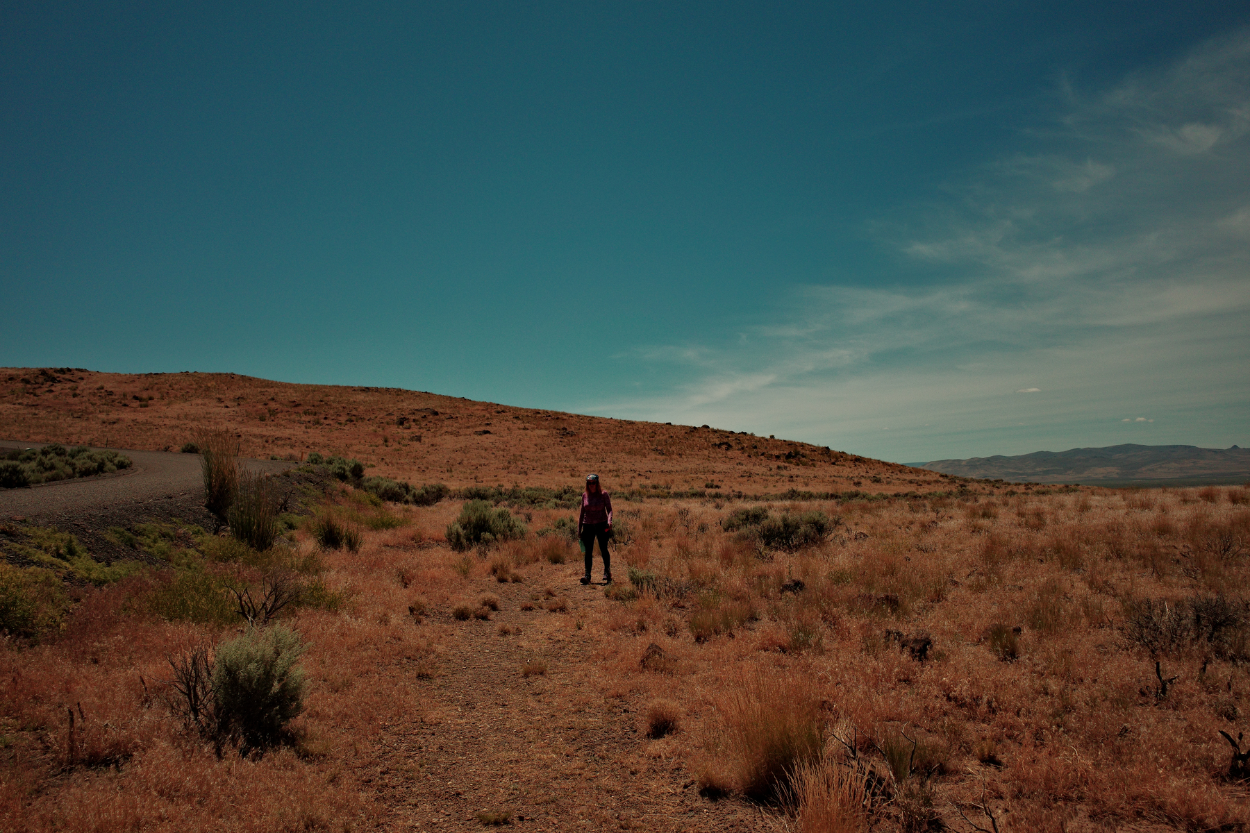 A lone person stands in the middle of a dry, grassy landscape under a clear blue sky.