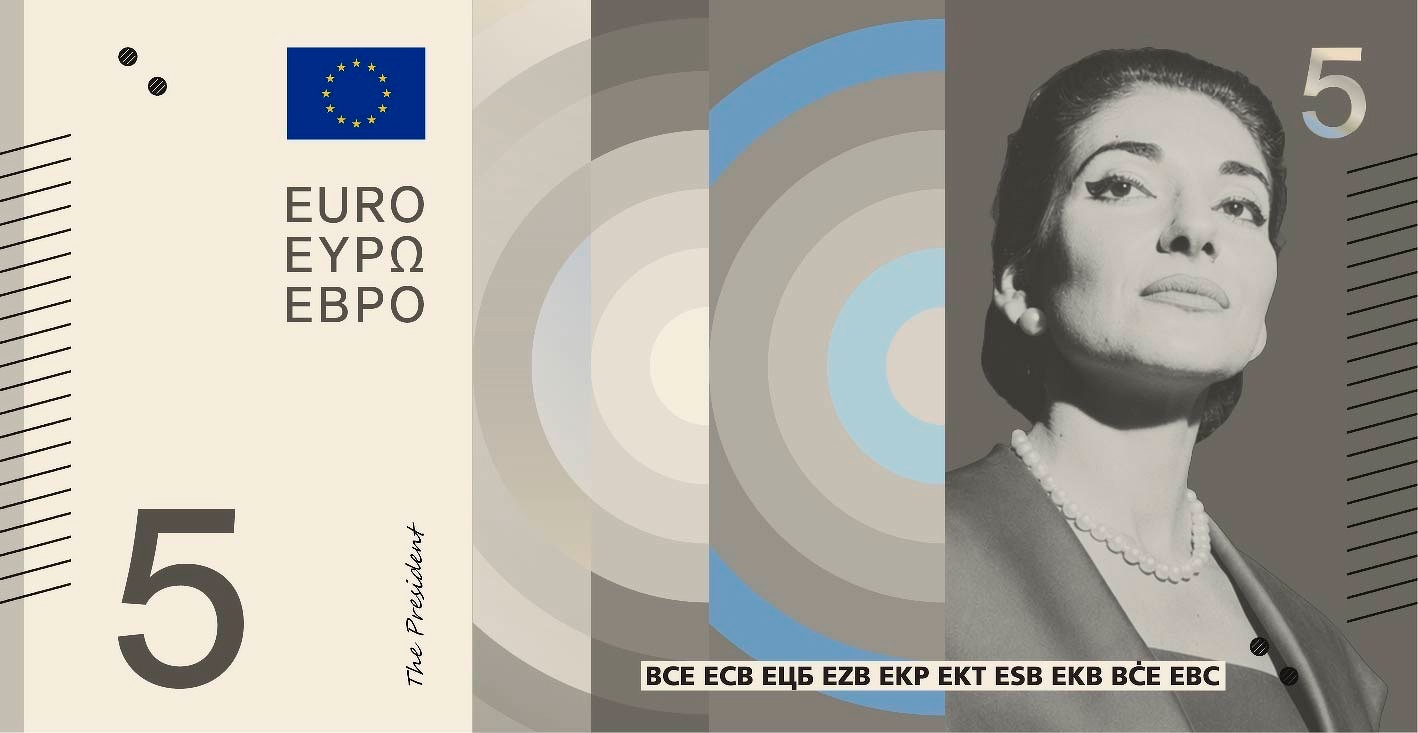 A stylized graphic design features a portrait of a woman wearing pearls, with a European Union flag, the number 5, and various text elements in multiple languages.