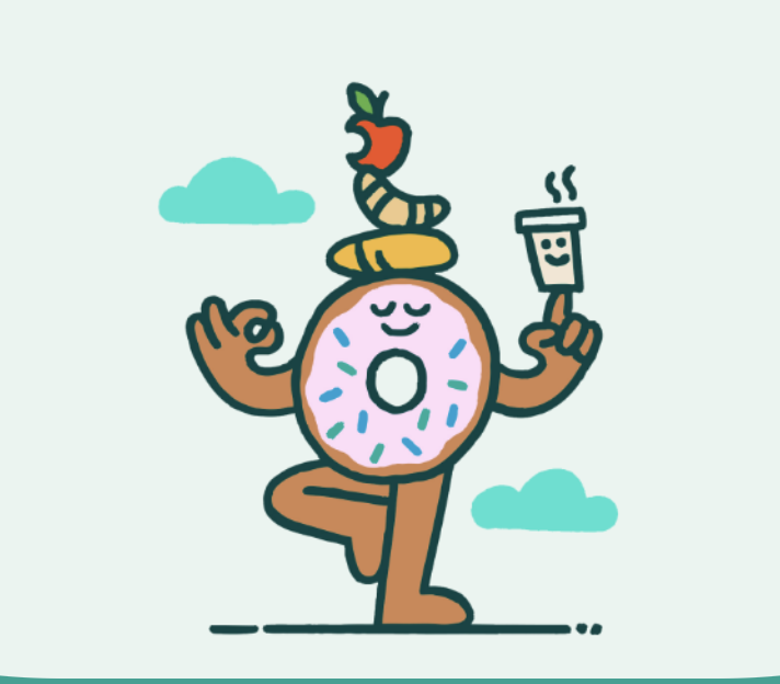 A cartoon donut character is balancing in a yoga pose while holding a cup of coffee, with an apple, carrot, and worm balanced on its head.