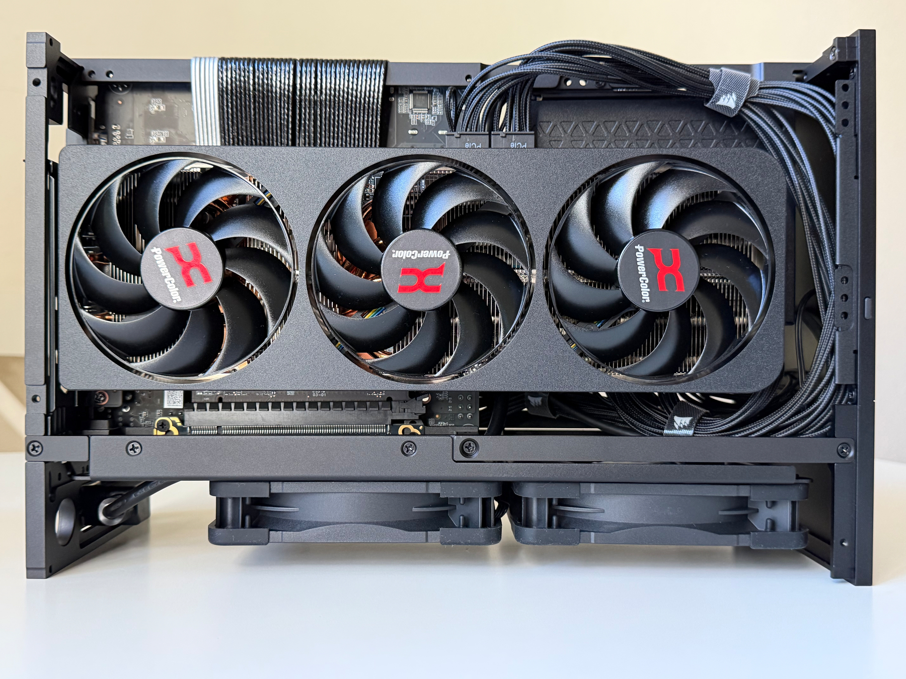 DIY Stem Machine without side CNC covers. You can see the exposed PowerColor AMD Radeon RX 9070 XT Reaper GPU