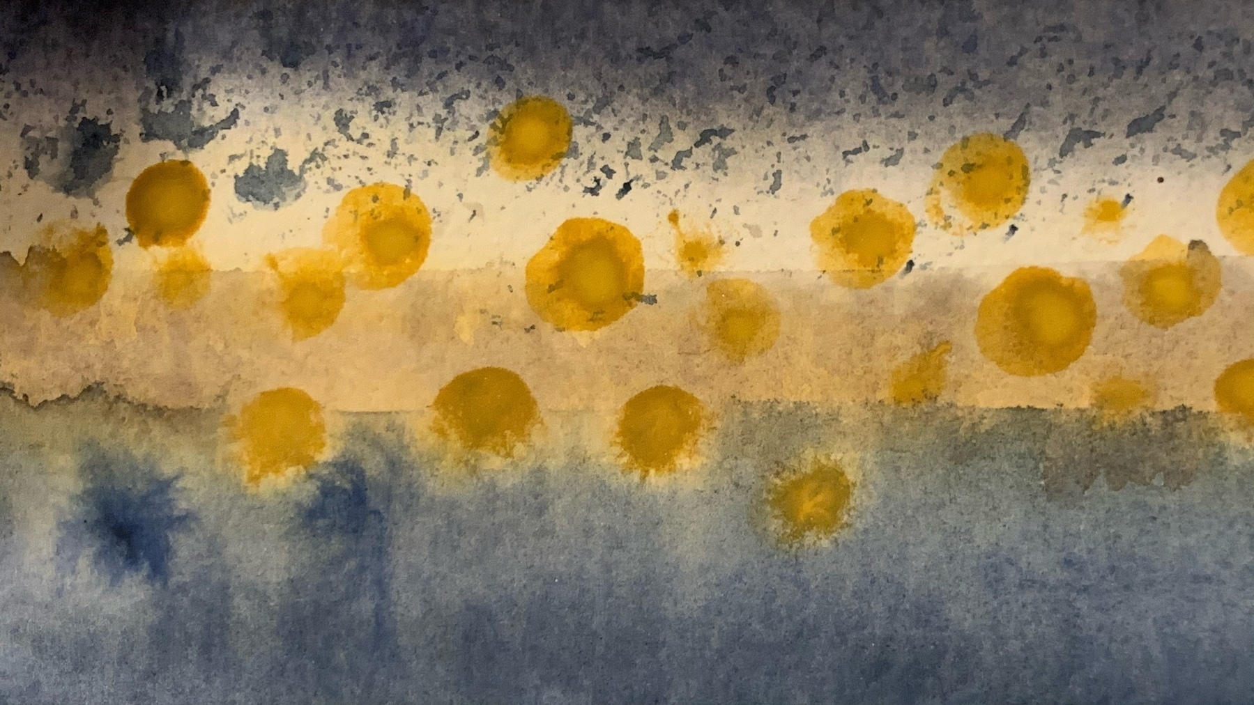 painting of blue to yellow to blue graident with bright yellow dots overlaid