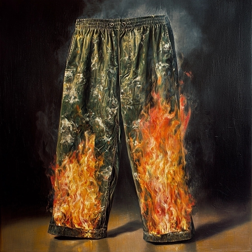 A pair of pants engulfed in flames and emitting smoke is depicted.