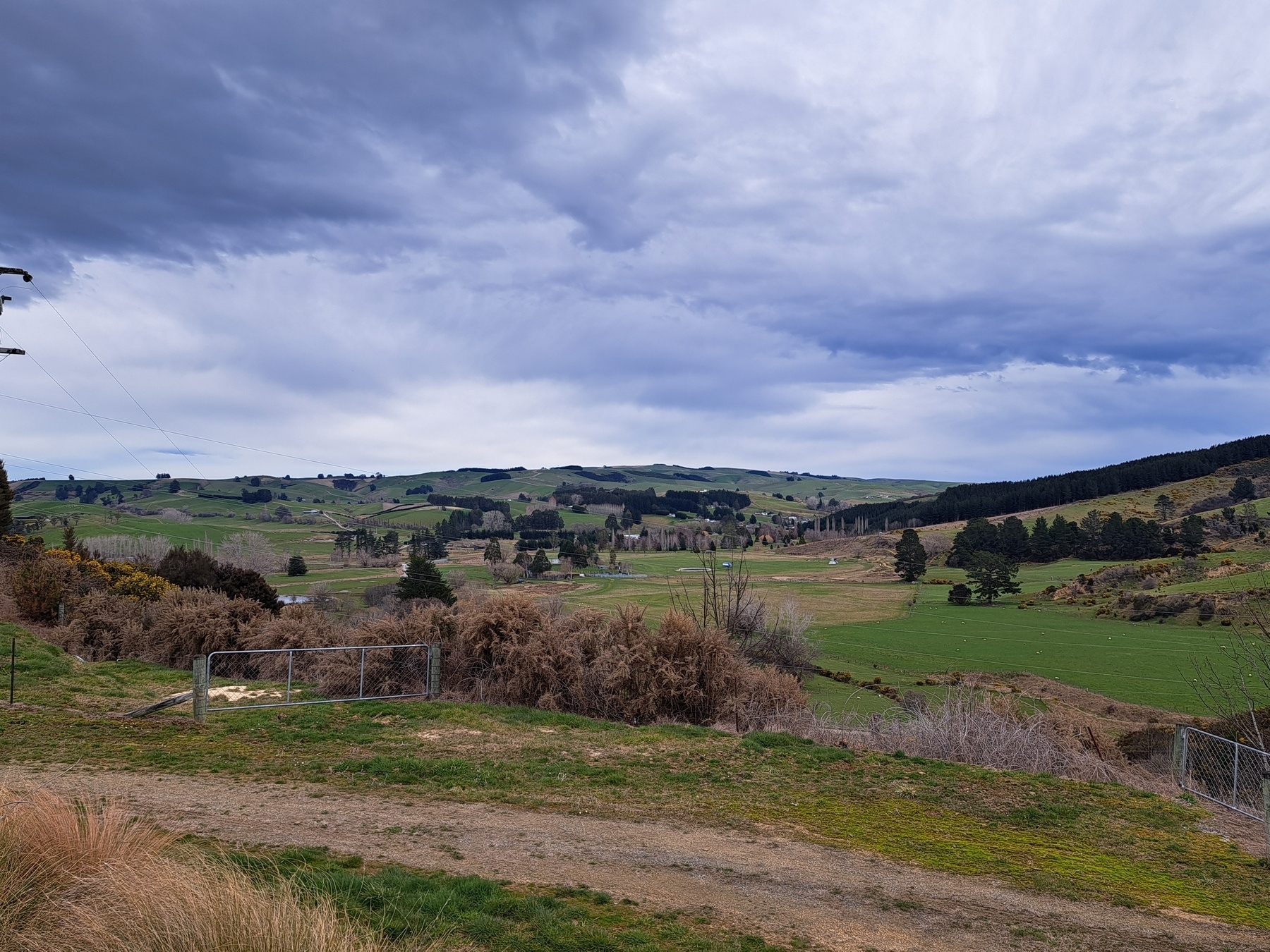View of green, hilly farmland just north of Lawrence township. Photo taken from the Lawrence water treatment plant. 