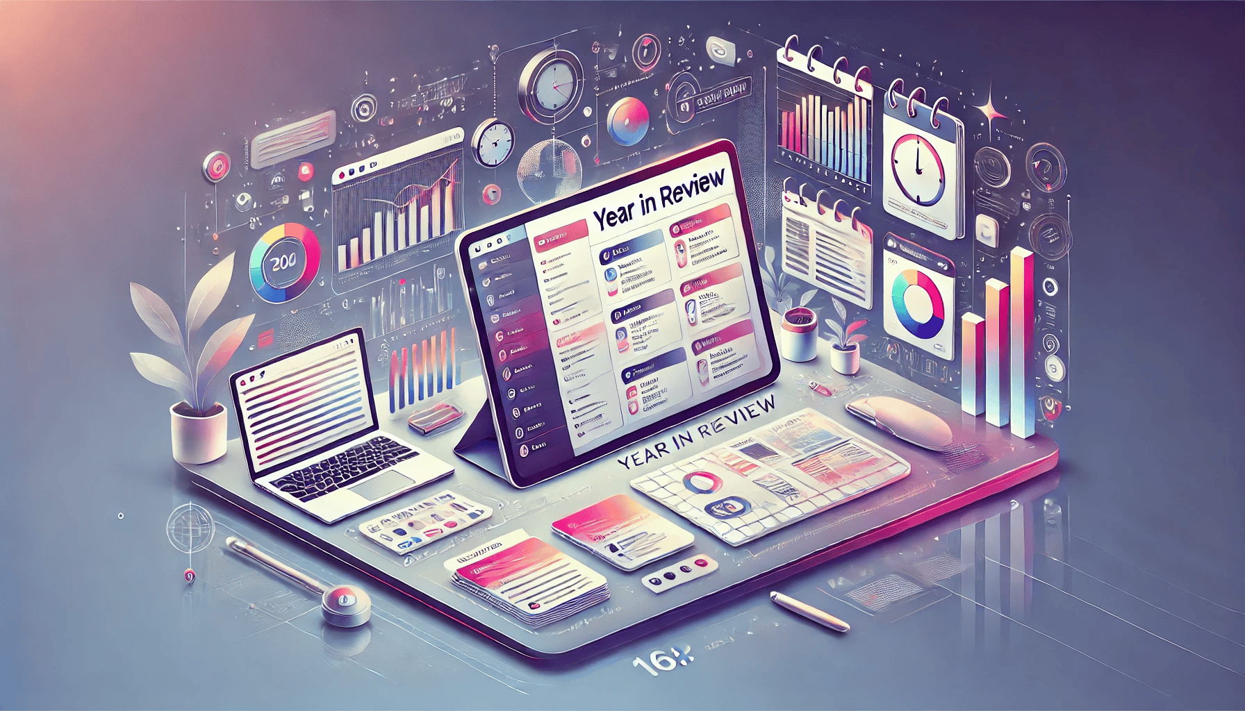 A digital workspace features a laptop and smartphone displaying a Year in Review dashboard, surrounded by various data visualizations and analytics tools.