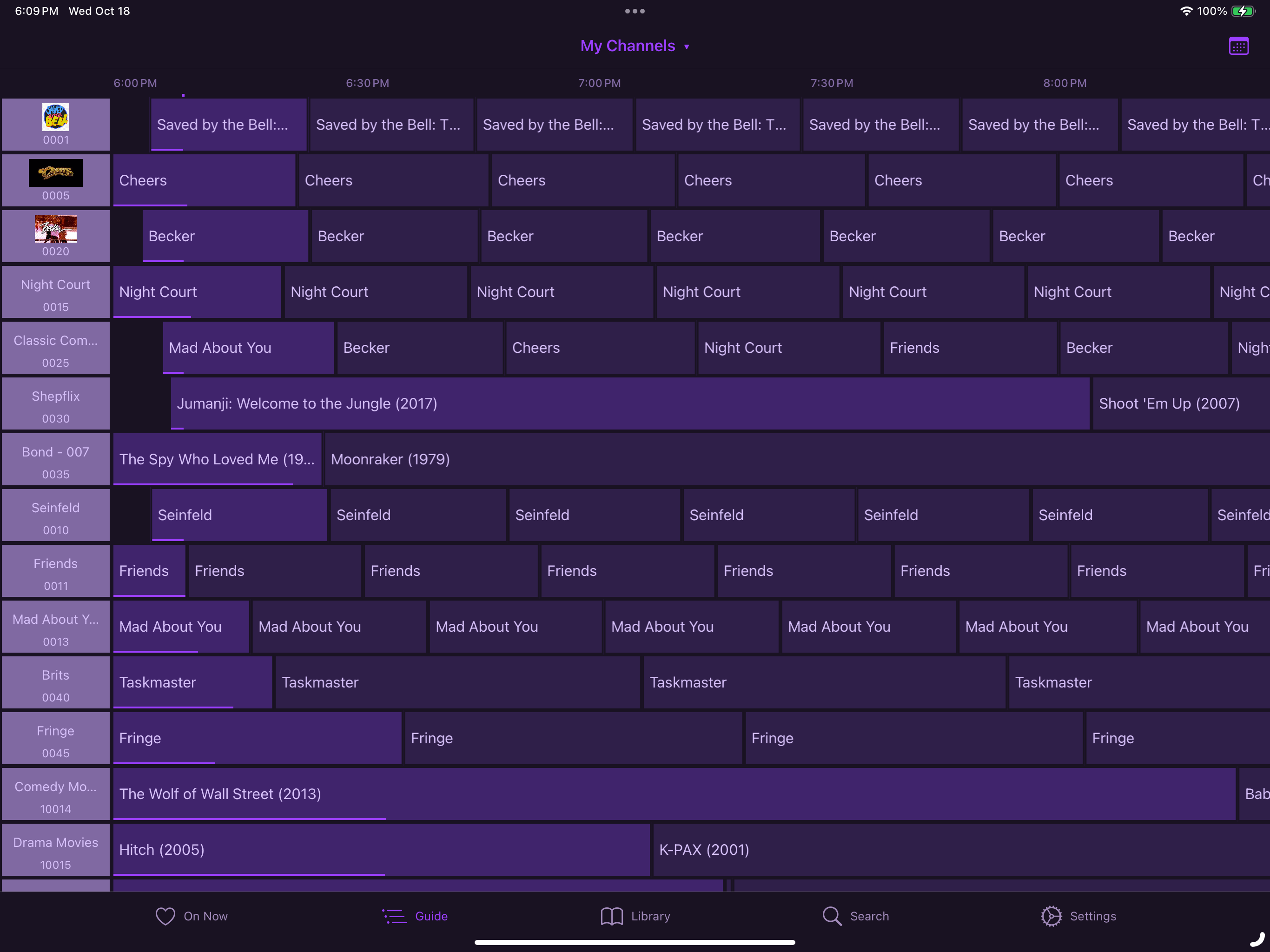 Channels screen shot showing a guide of user created television channels