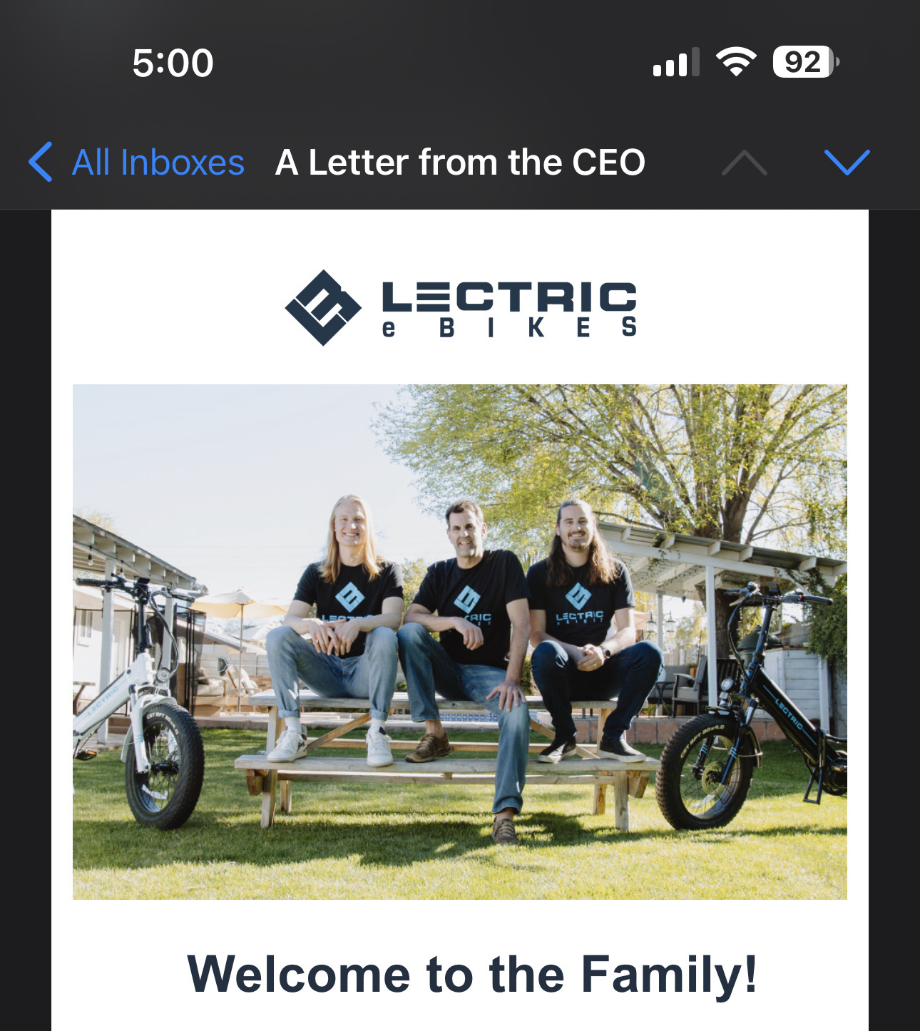 Lectric e-bike welcome letter