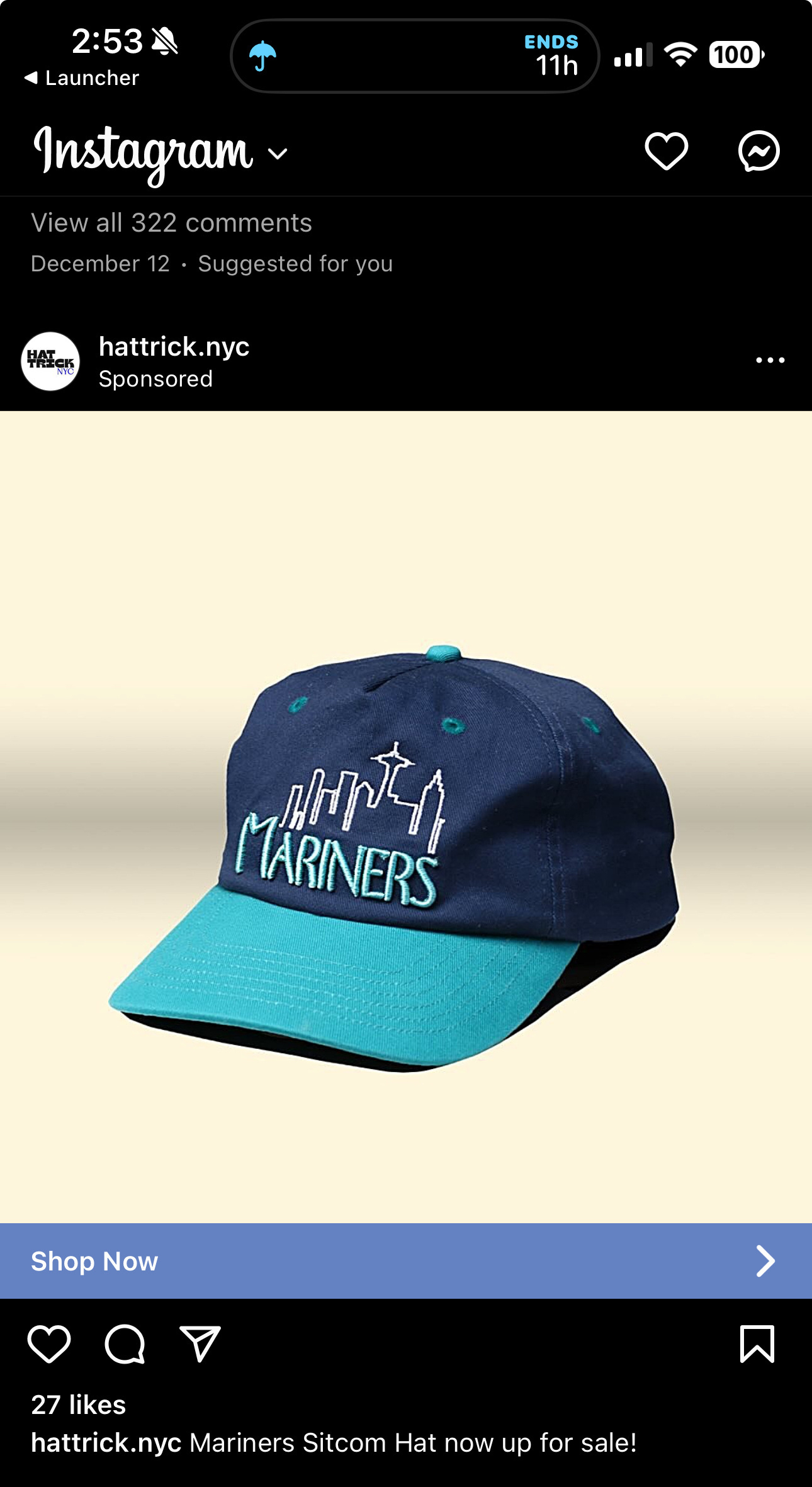 Seattle Mariners hat with the Frasier tv show font and skyline logo. 