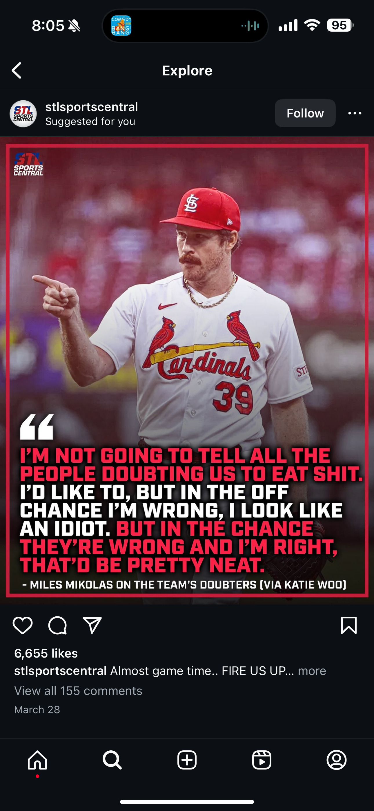 Miles mikolas telling haters to eat shit in march. It’s May and the cardinals are the ones eating shit.