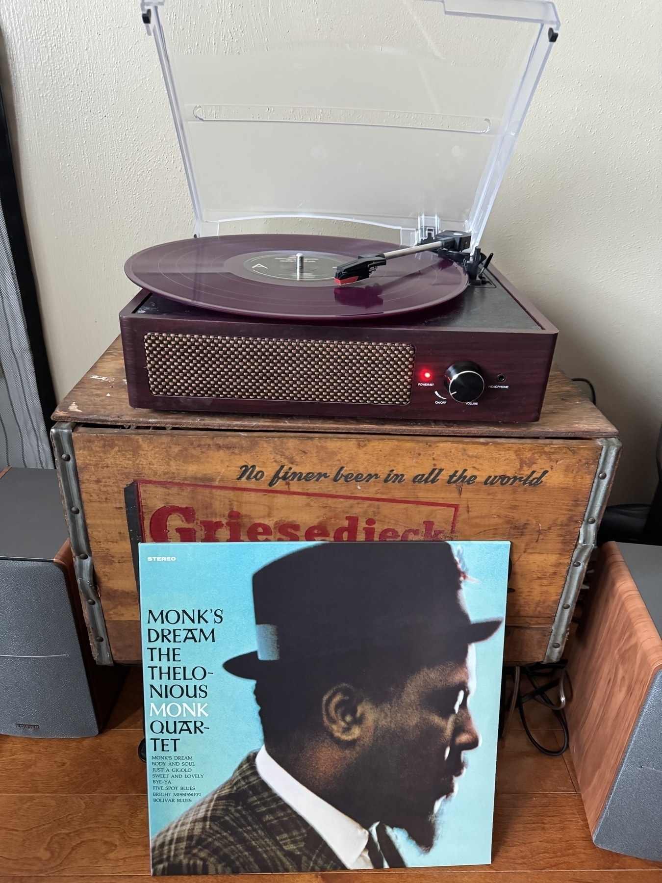 Thelonious Monk’s album Monk’s Dream on vinyl playing on a record player. 