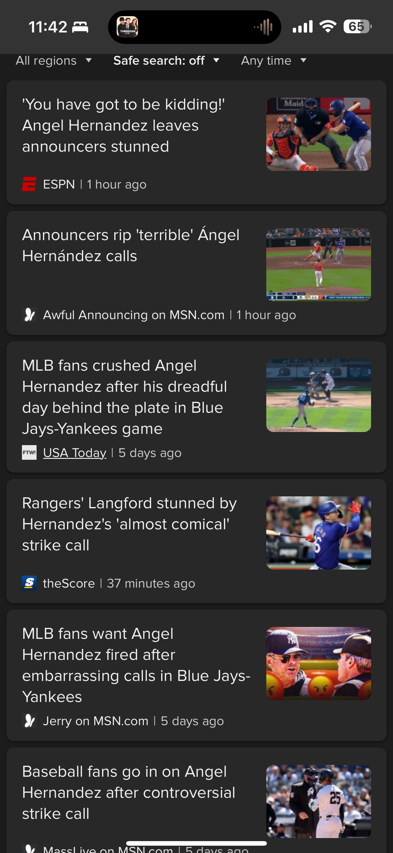 News articles from the last week of multiple blown calls by Major League Baseball umpire Angel Hernandez