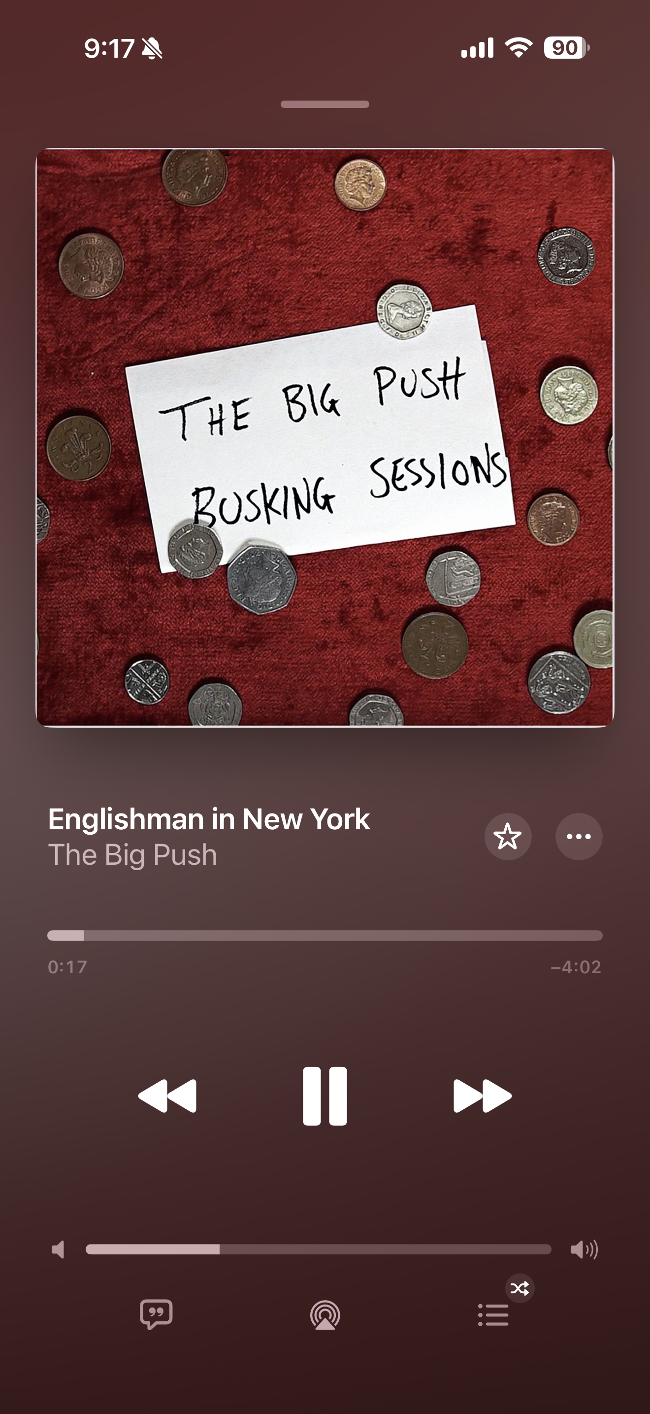 A music player screen displays Englishman in New York by The Big Push with an album cover featuring coins on red fabric and text labeled The Big Push Busking Sessions.