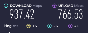 speedtest showing almost 1gbps down and over 700mbps up