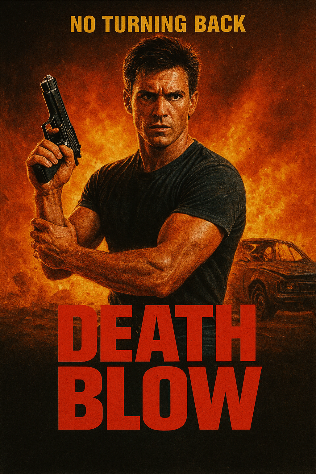 A muscular man holding a gun stands against a fiery background with a car and the bold text DEATH BLOW below him. A fake movie from Seinfeld.