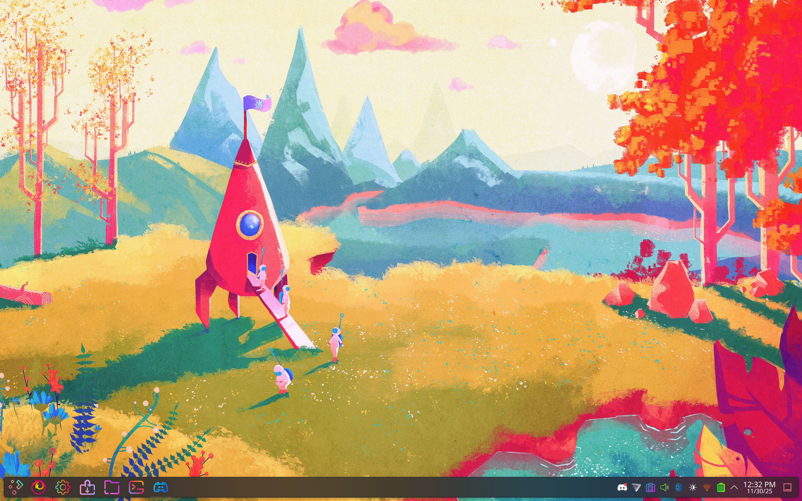 A colorful, whimsical scene depicts a small red rocket with people and a dog nearby, set in a vibrant landscape with orange trees and distant mountains. Using the Sweet KDE Plasma theme on Fedora