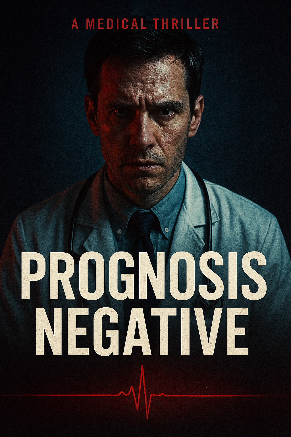 A serious-looking doctor stands against a dark background with the text Prognosis Negative and a heartbeat line beneath it, labeled as a medical thriller. A fake movie from Seinfeld