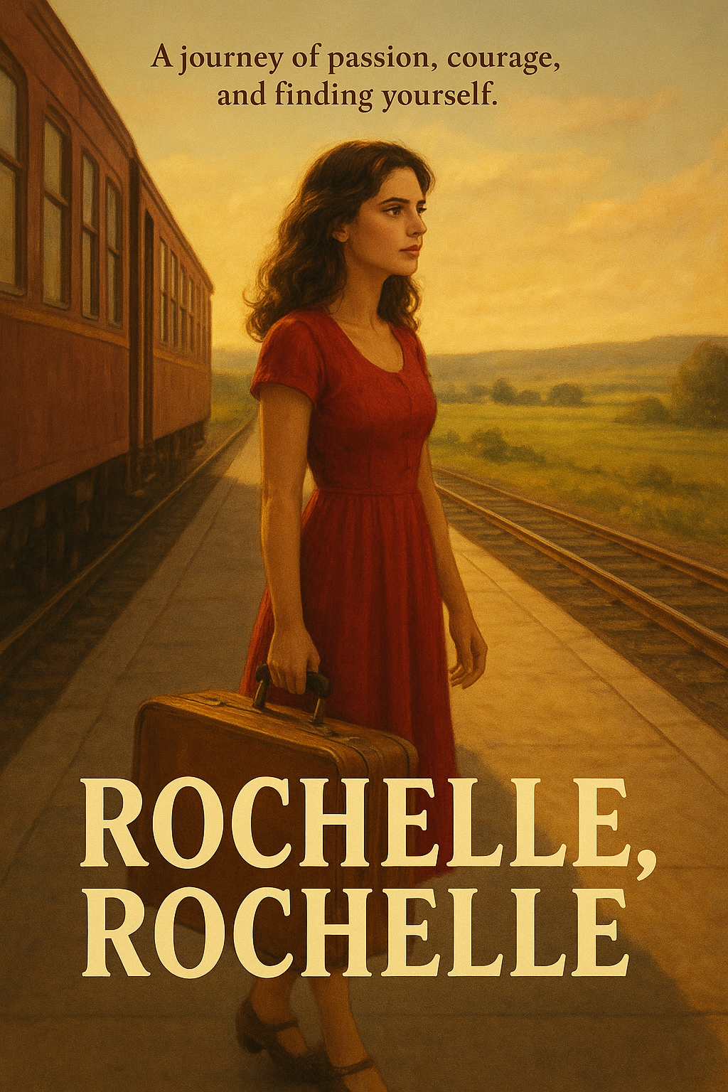 A woman in a red dress stands on a train platform holding a suitcase, with the words Rochelle, Rochelle at the bottom. A fake movie from Seinfeld.