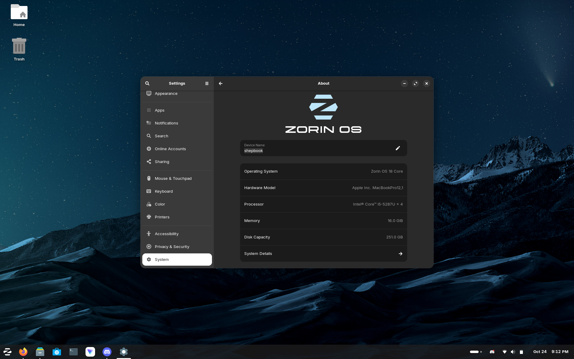 A computer screen displays the settings menu of Zorin OS with system information, set against a mountain landscape background.