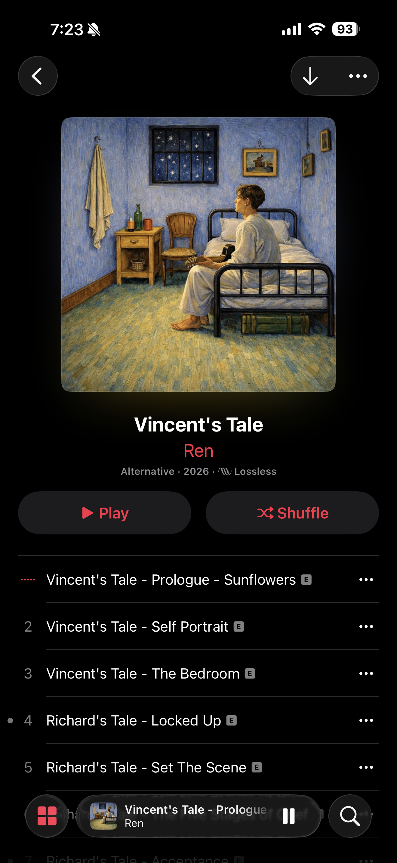 A music streaming app interface is displayed, showing an album titled Vincent's Tale by Ren with a cover art featuring a person sitting on a bed in a room adorned with paintings and a sunlit window.