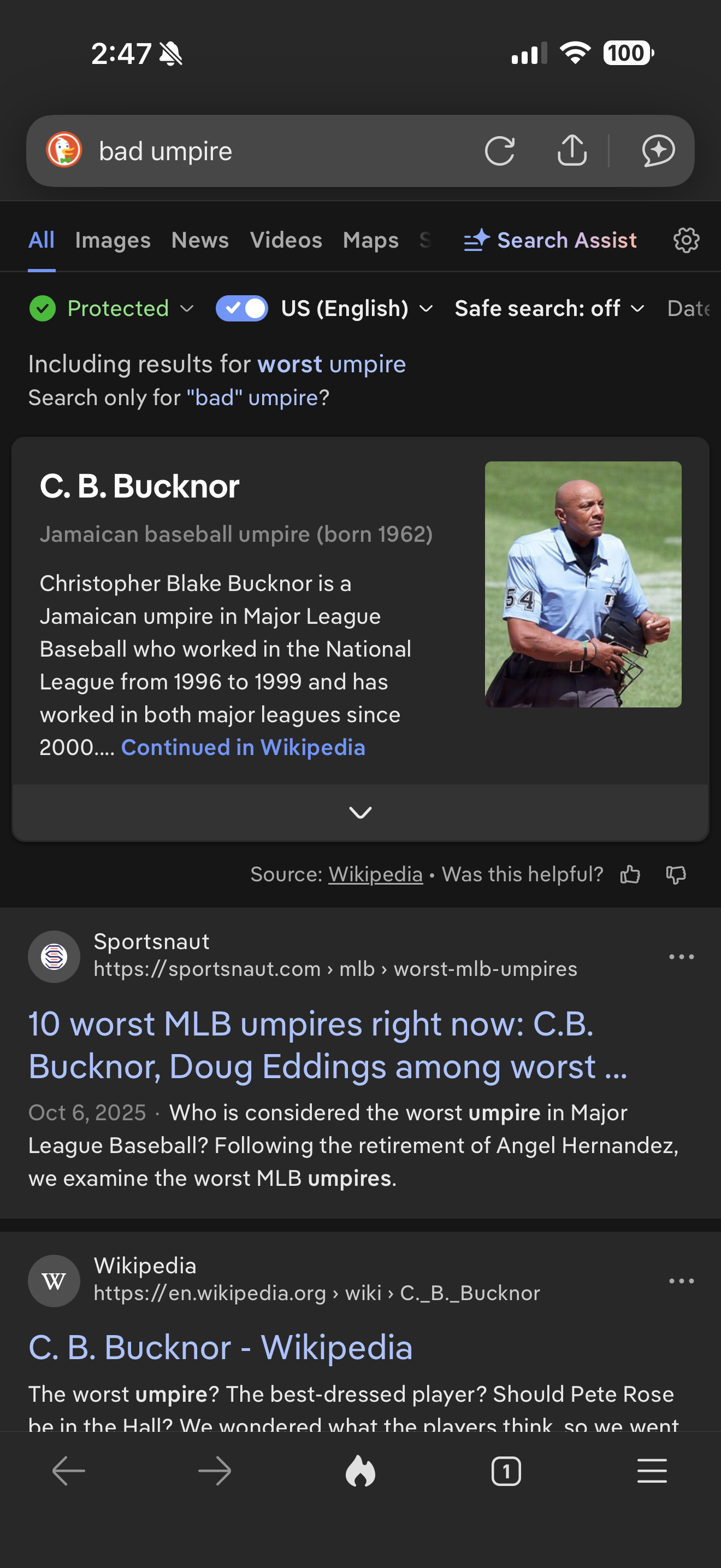 A search results page displays information about C.B. Bucknor, a Jamaican baseball umpire, along with links to articles discussing the worst MLB umpires.