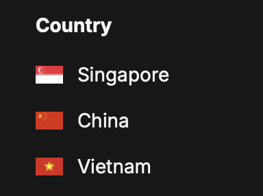 Three countries are listed with their flags: Singapore, China, and Vietnam.