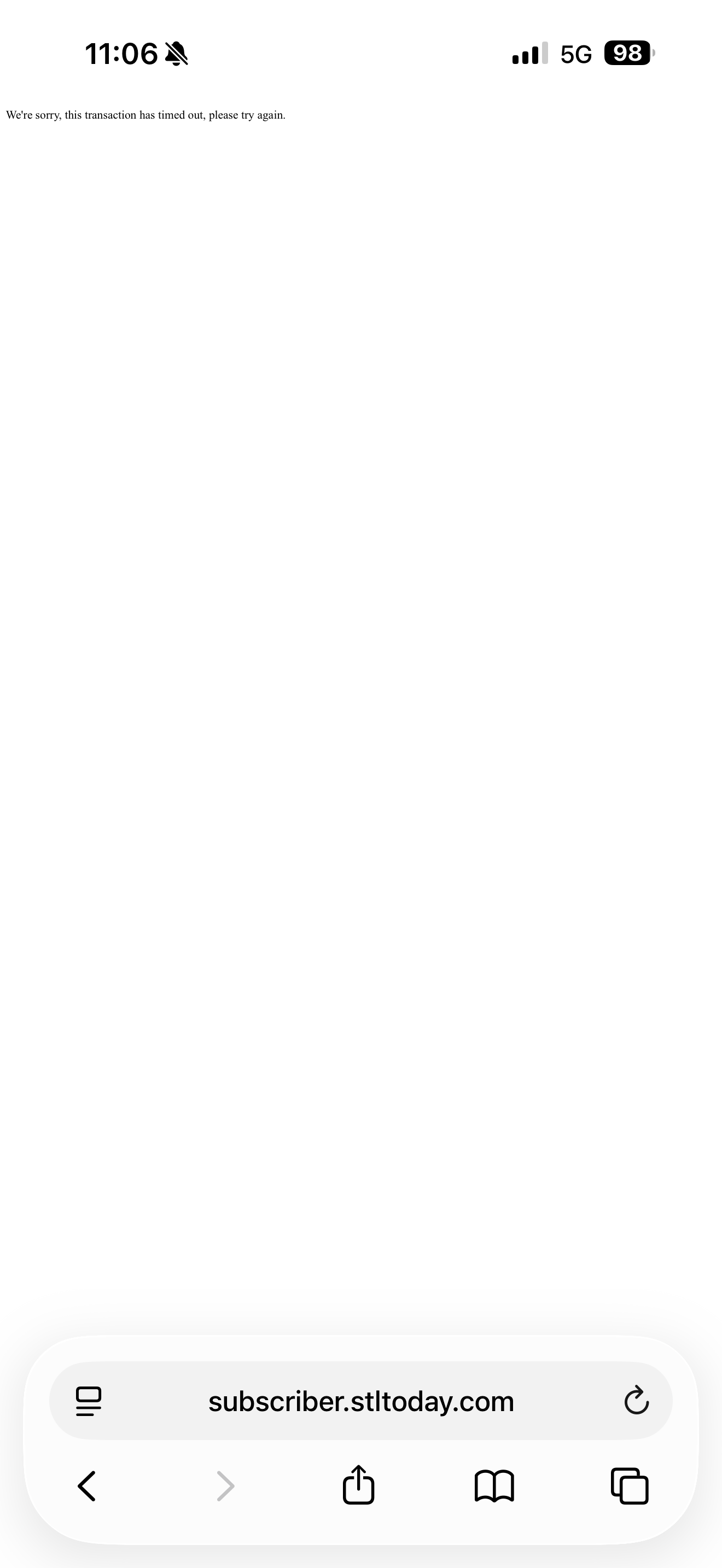 A webpage displays a message indicating that the transaction has timed out and suggests trying again.