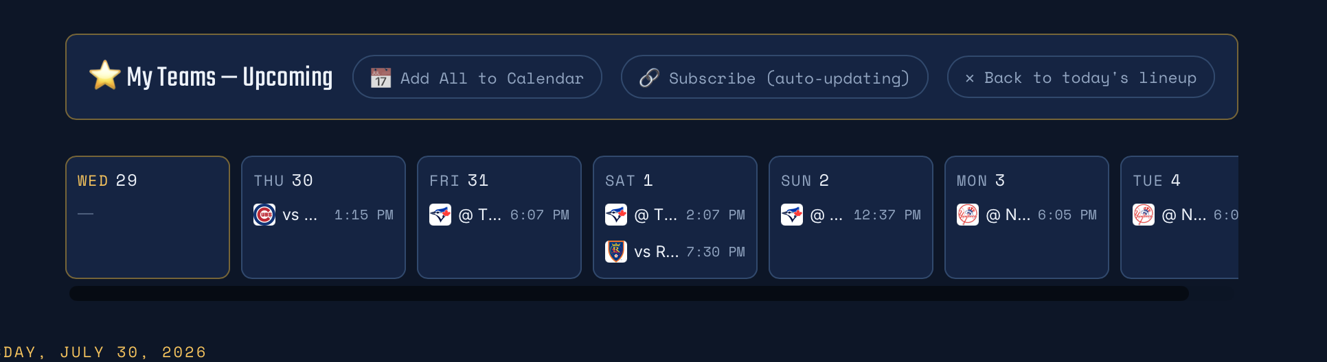 A schedule displays upcoming game dates and times for various teams from Wednesday, July 29 to Thursday, August 4, 2020.