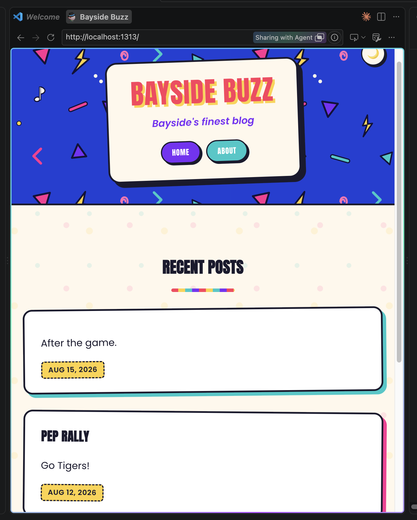 A colorful blog homepage titled Bayside Buzz features navigation buttons for Home and About, along with recent posts like After the game. and PEP RALLY dated August 2026.