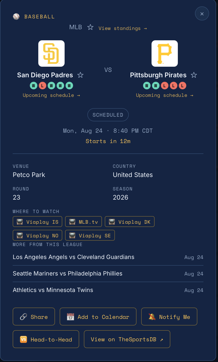 Auto-generated description: San Diego Padres and Pittsburgh Pirates are scheduled to play a Major League Baseball game at Petco Park on Monday, August 24, 2026, with the game starting in 12 minutes.