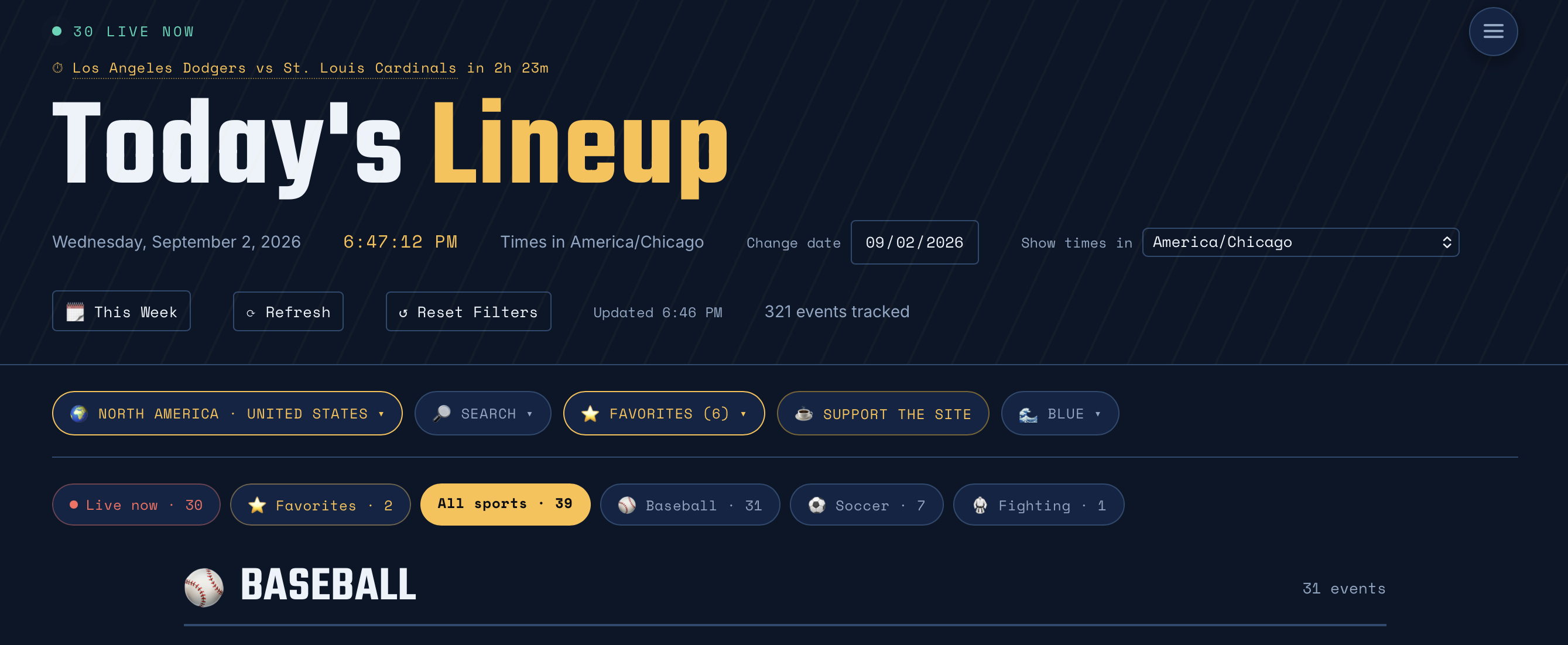 Auto-generated description: Today's lineup for sports events is displayed, highlighting a live matchup between the Los Angeles Dodgers and St. Louis Cardinals, with various filtering options available for different sports and dates.