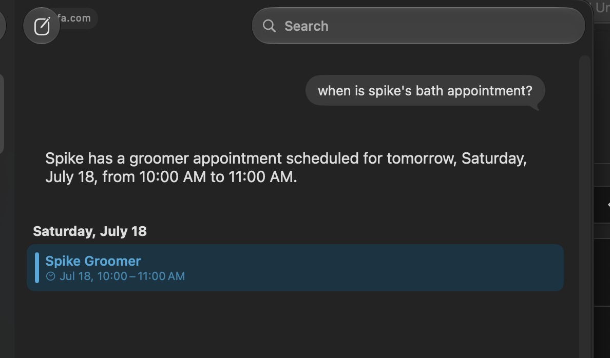 Siri correctly finding my dog's appointment at the groomer