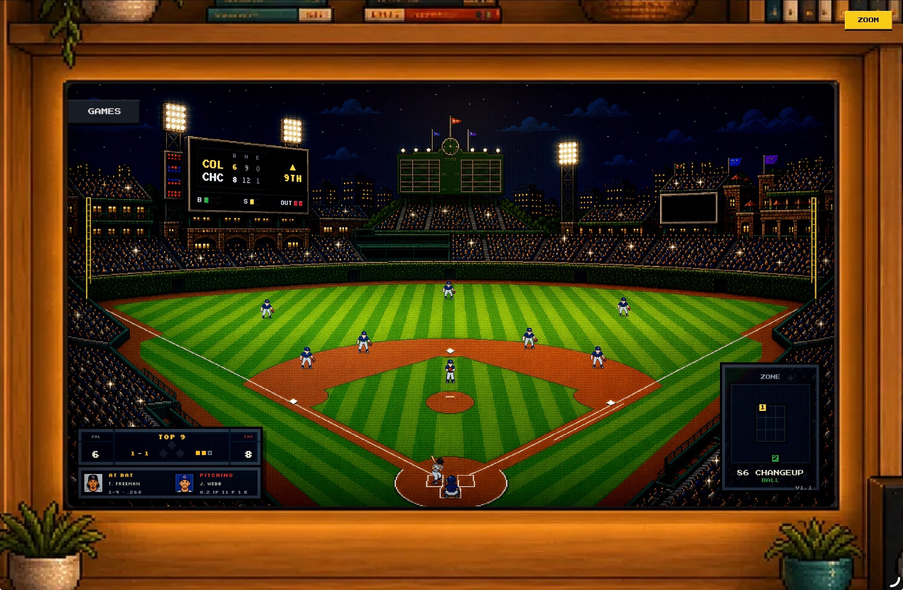 An 8-bit styled video game graphic depicts a baseball stadium at night, complete with players, scoreboards, and surrounding details on a wooden-framed screen.