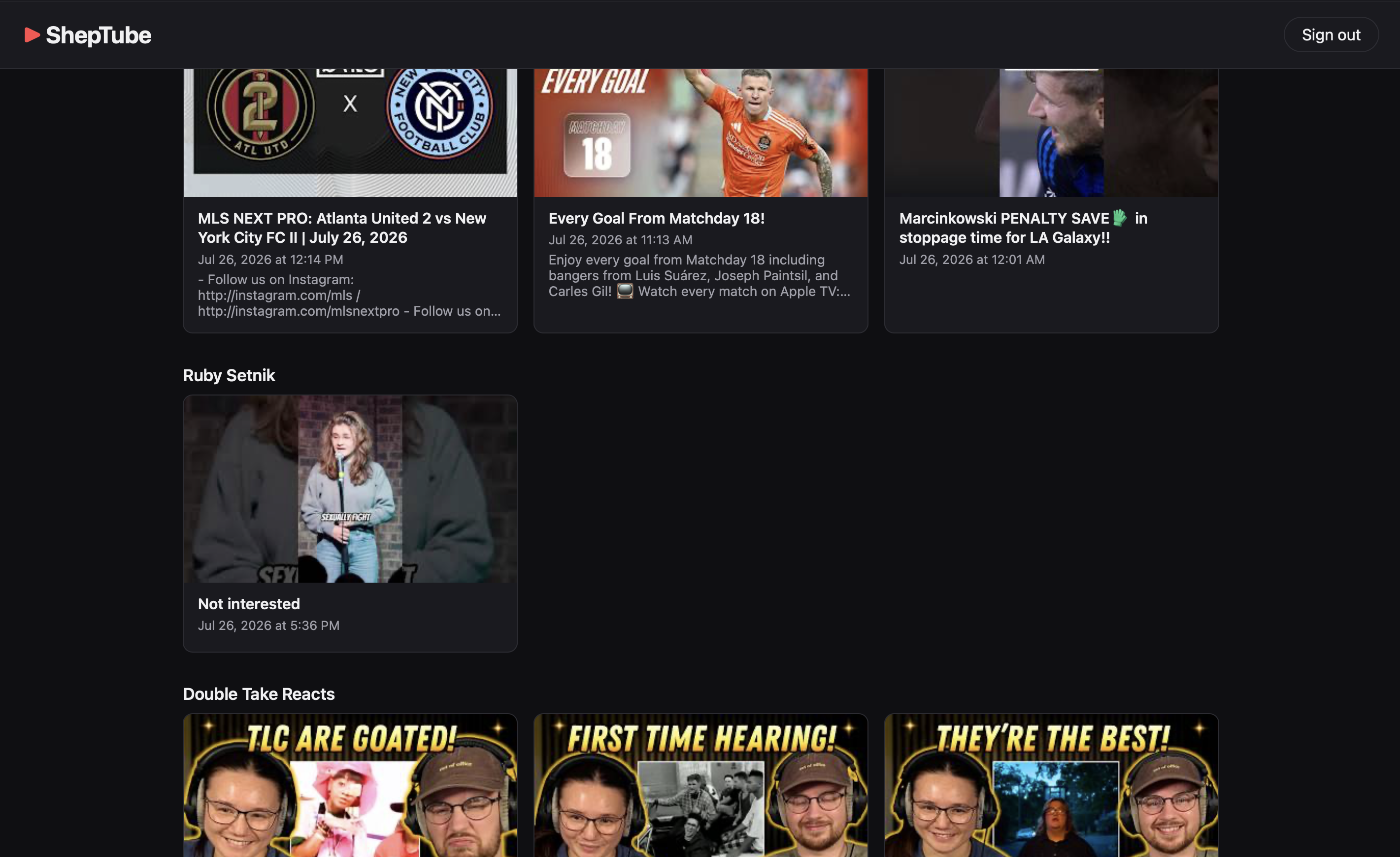 A video streaming platform interface displaying sports highlights, a person's reaction video titled Not interested, and a series of reaction thumbnails.