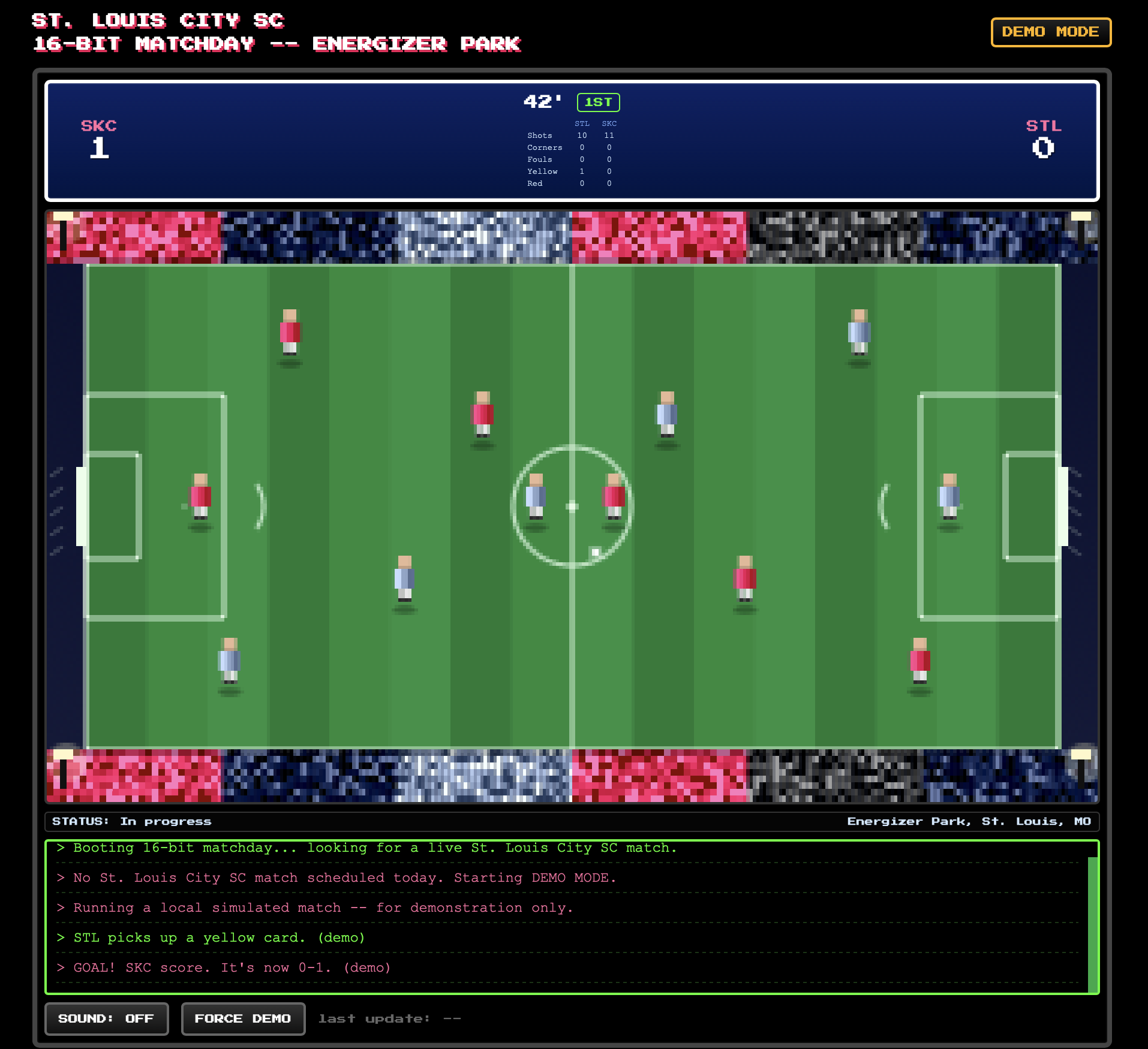 A pixelated soccer video game screen shows a match between SKC and STL with SKC leading 1-0 at Energizer Park, accompanied by a running text display of match updates.