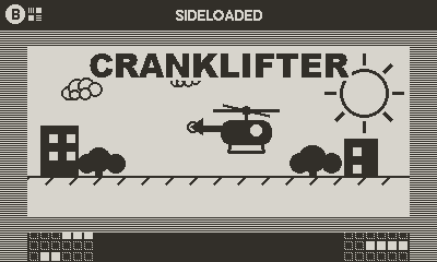A pixelated helicopter hovers between two buildings with trees under a sun and clouds, accompanied by the title CRANKLIFTER. A game in development for the playdate.