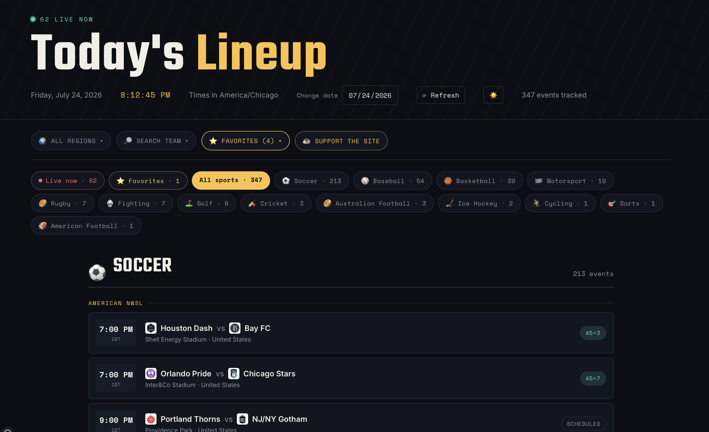The lineup displays a schedule of live and upcoming soccer matches with team names, match times, and status updates for American NWSL games on July 24, 2026.