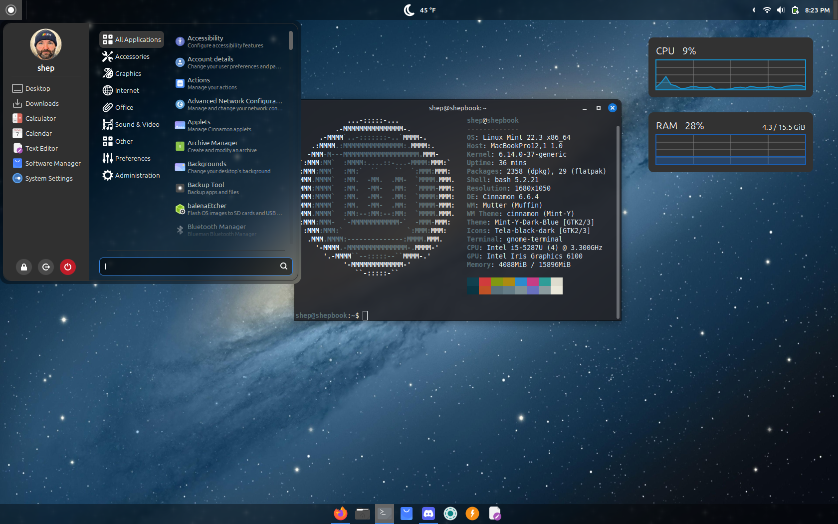 Auto-generated description: A Linux desktop environment is displayed with a system information terminal showing details about the Pop!_OS distribution, alongside a menu of applications and system performance widgets for CPU and RAM usage.
