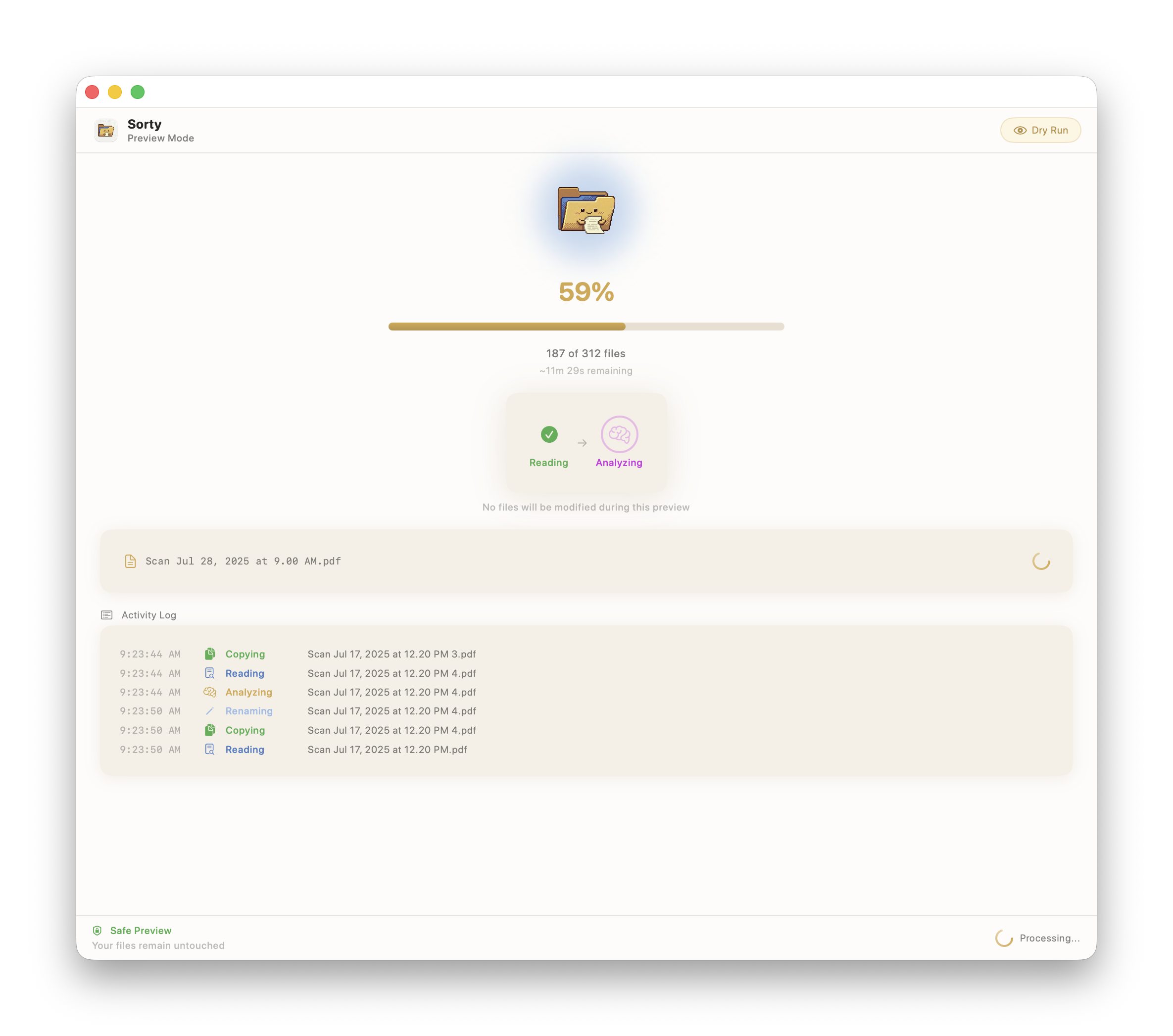 Auto-generated description: A computer screen displays a file processing progress bar at 59% with an activity log below.