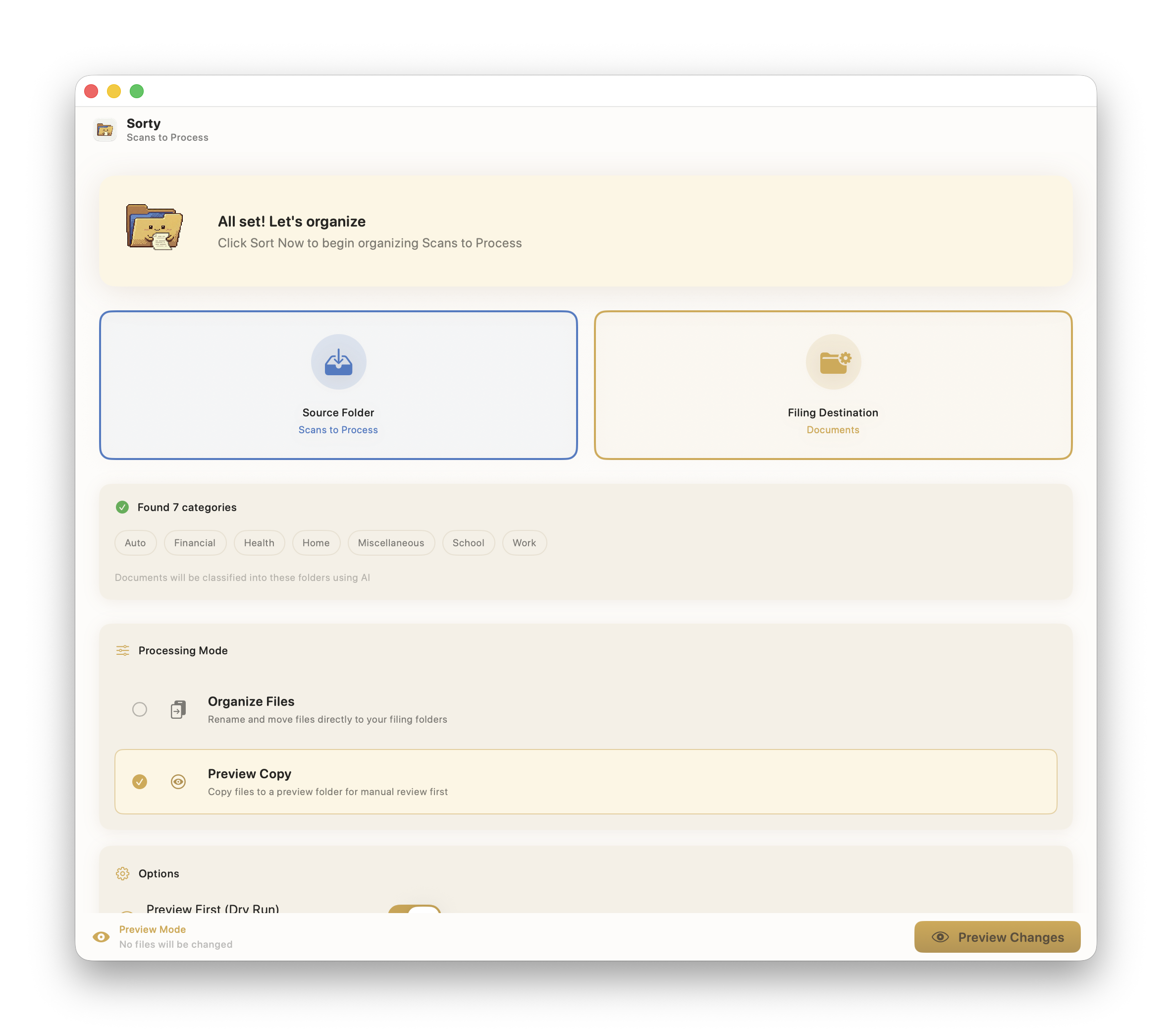 Auto-generated description: A user interface is displayed on a software application called Sorty, designed to organize and process digital files with options for setting source folders and filing destinations.