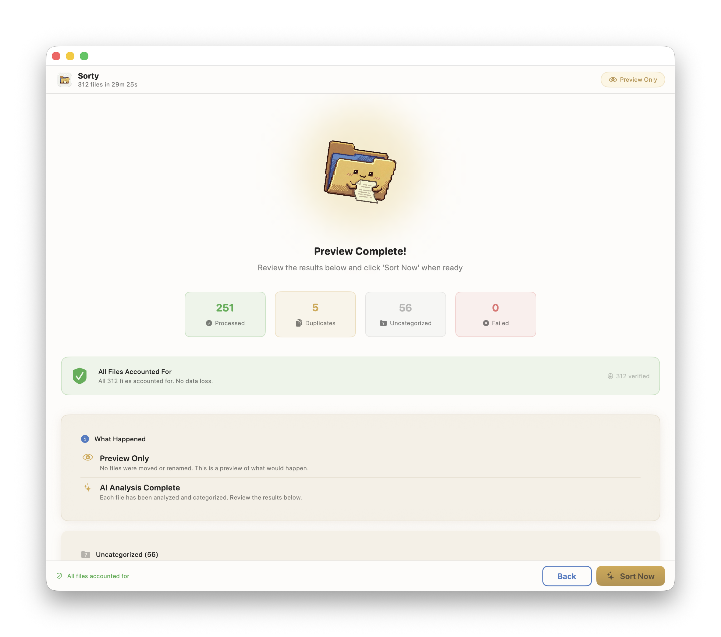 Auto-generated description: A digital interface displays a completed preview of sorted files, indicating 251 processed files, with options for further actions at the bottom.