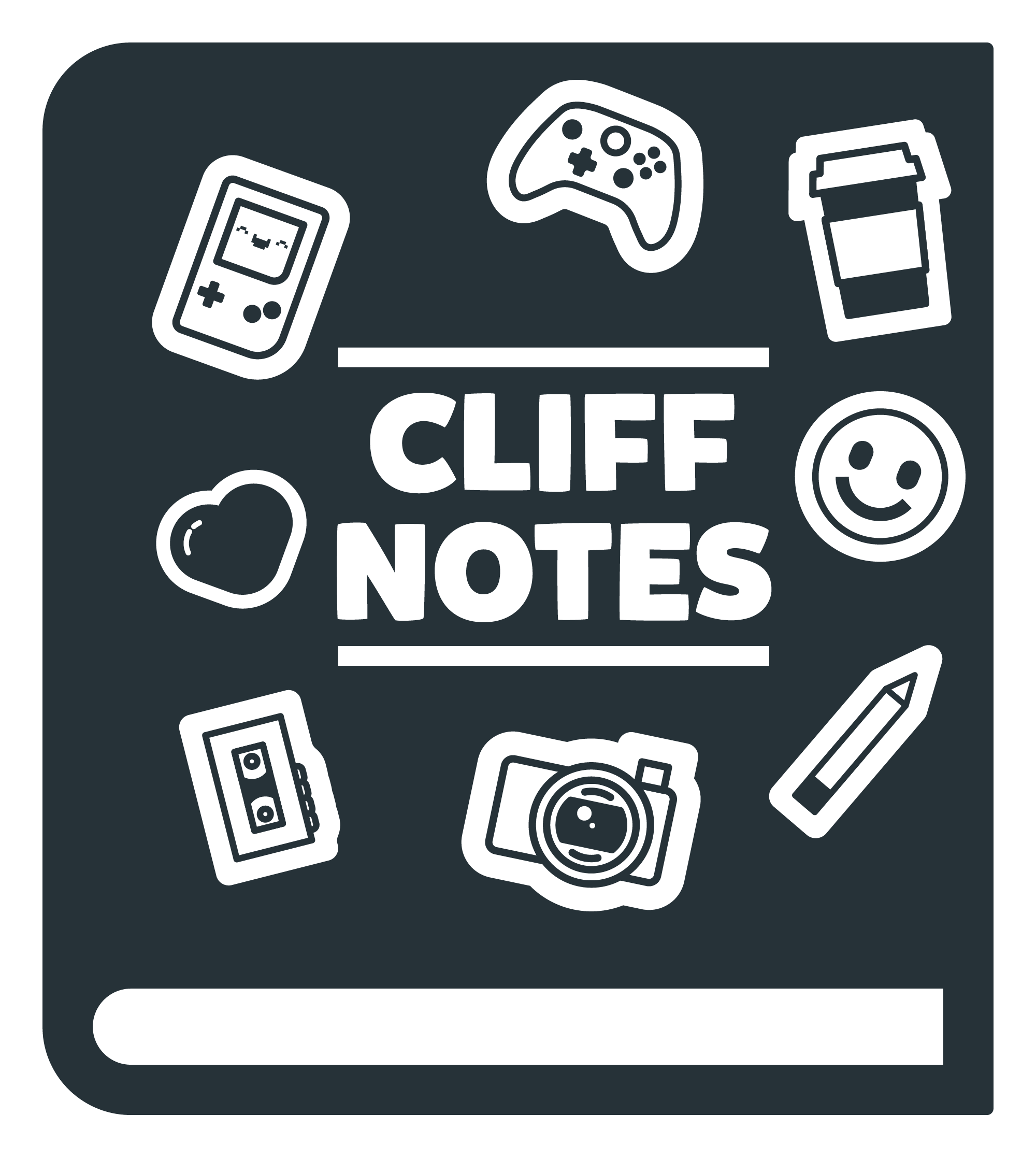 A blue book titled Cliff Notes is decorated with colorful stickers of a video game controller, coffee cup, smiley face, pencil, camera, cassette, heart, and handheld game device.
