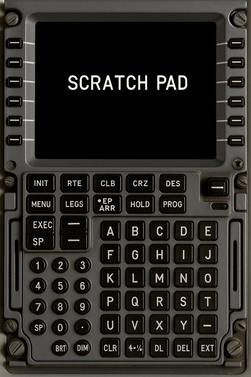 Boeing 737 FMS with 'SCRATCH PAD' on the screen