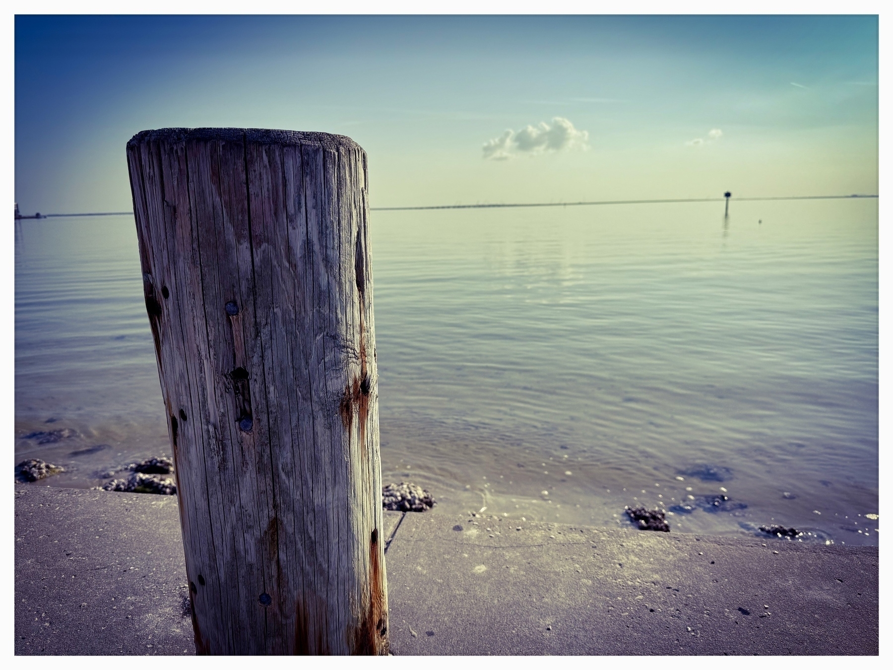 A wooden post stands on a sandy shore overlooking a calm body of water with a single cloud in the sky.