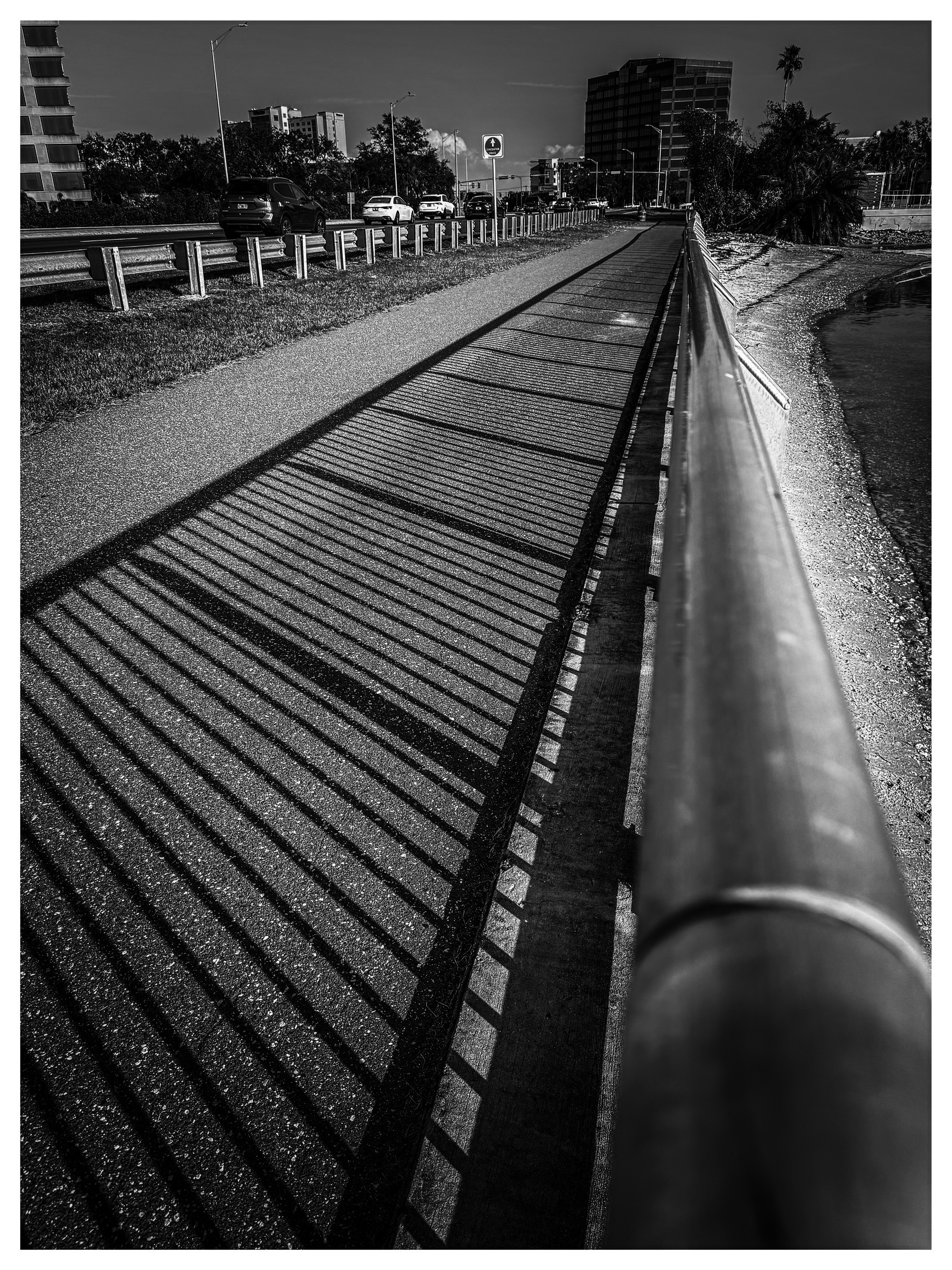 A paved walkway with a metal railing casts long shadows in a black and white setting, leading toward distant buildings and trees.