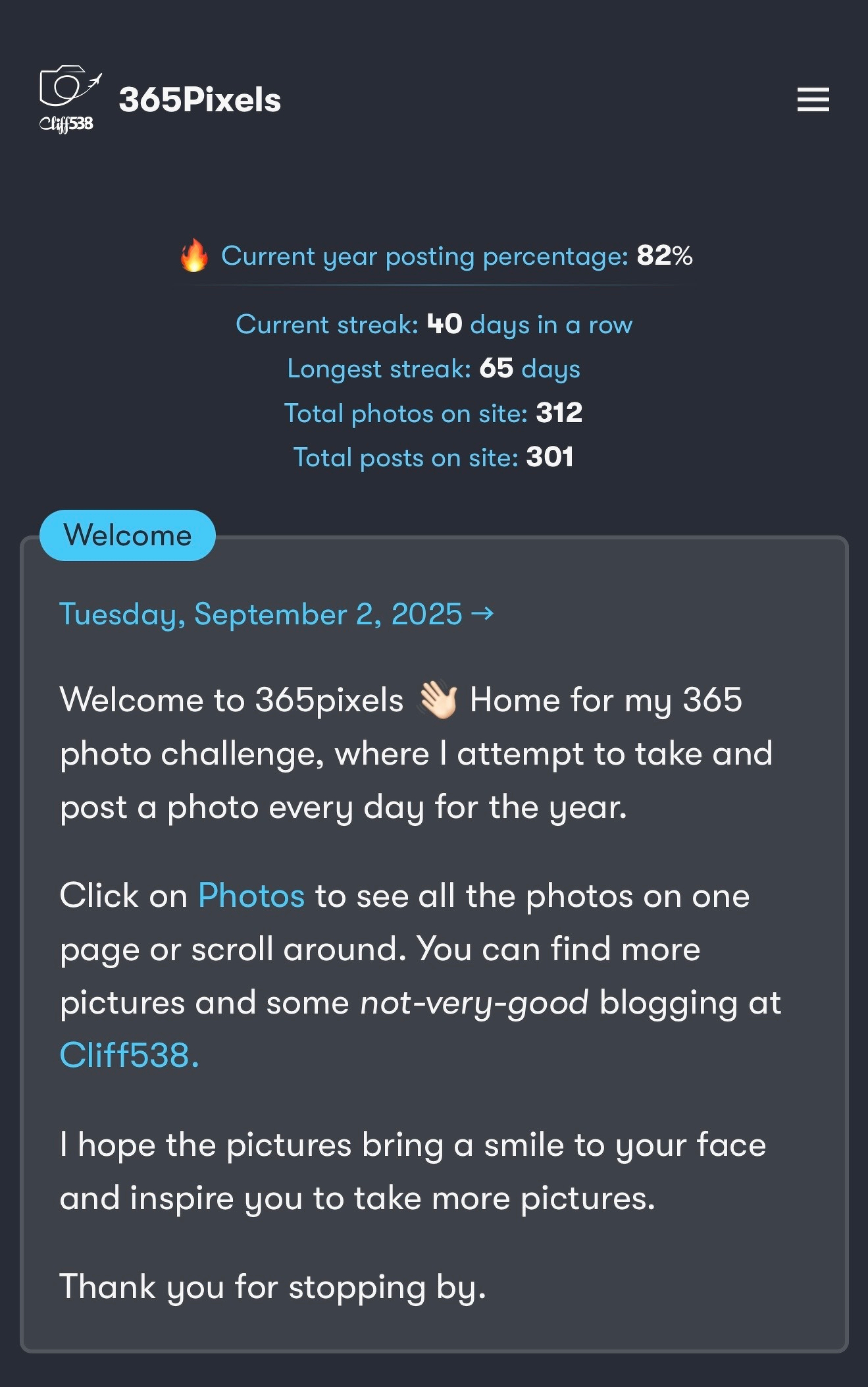 Auto-generated description: Welcome page of a photo challenge website detailing posting statistics and offering navigation options for viewing photos and blog posts.