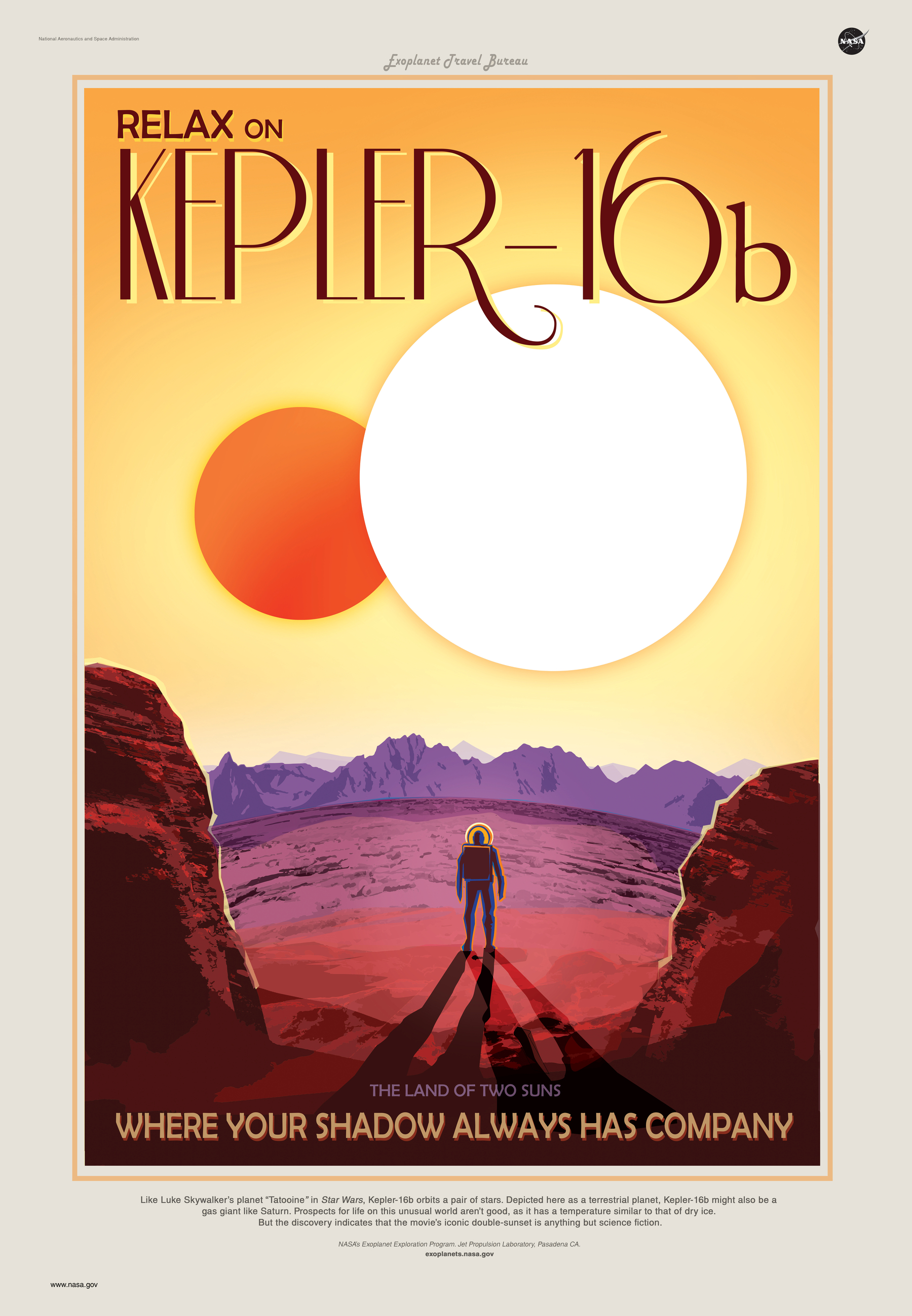 Auto-generated description: A person in a spacesuit stands on a red rocky terrain under two suns, promoting Relax on Kepler-16b.