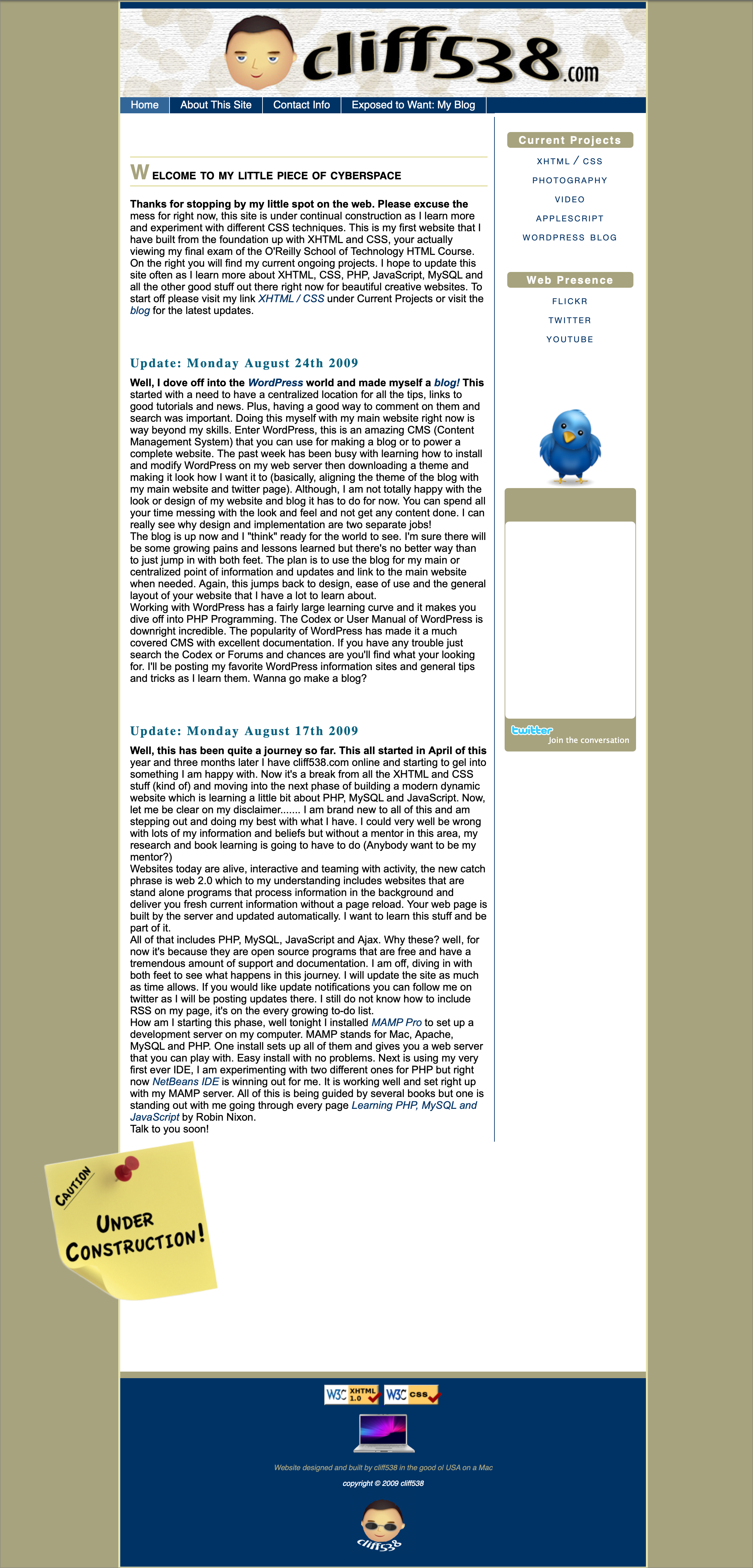 Auto-generated description: A personal blog page titled cliff538.com features updates from August 2009, a Twitter bird graphic, and a Under Construction note at the bottom.