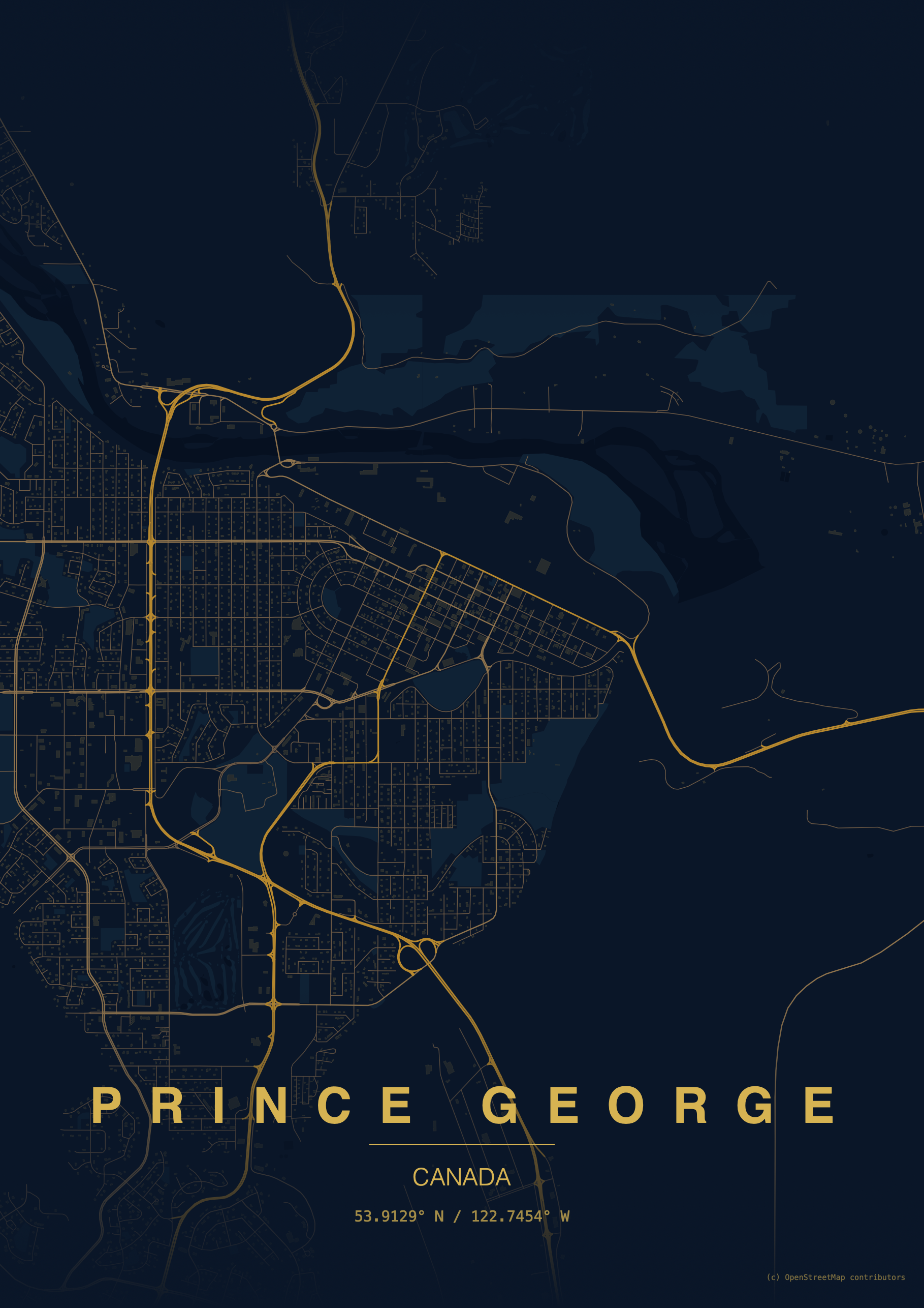 Auto-generated description: A detailed map of Prince George, Canada, is displayed with yellow lines on a dark blue background.